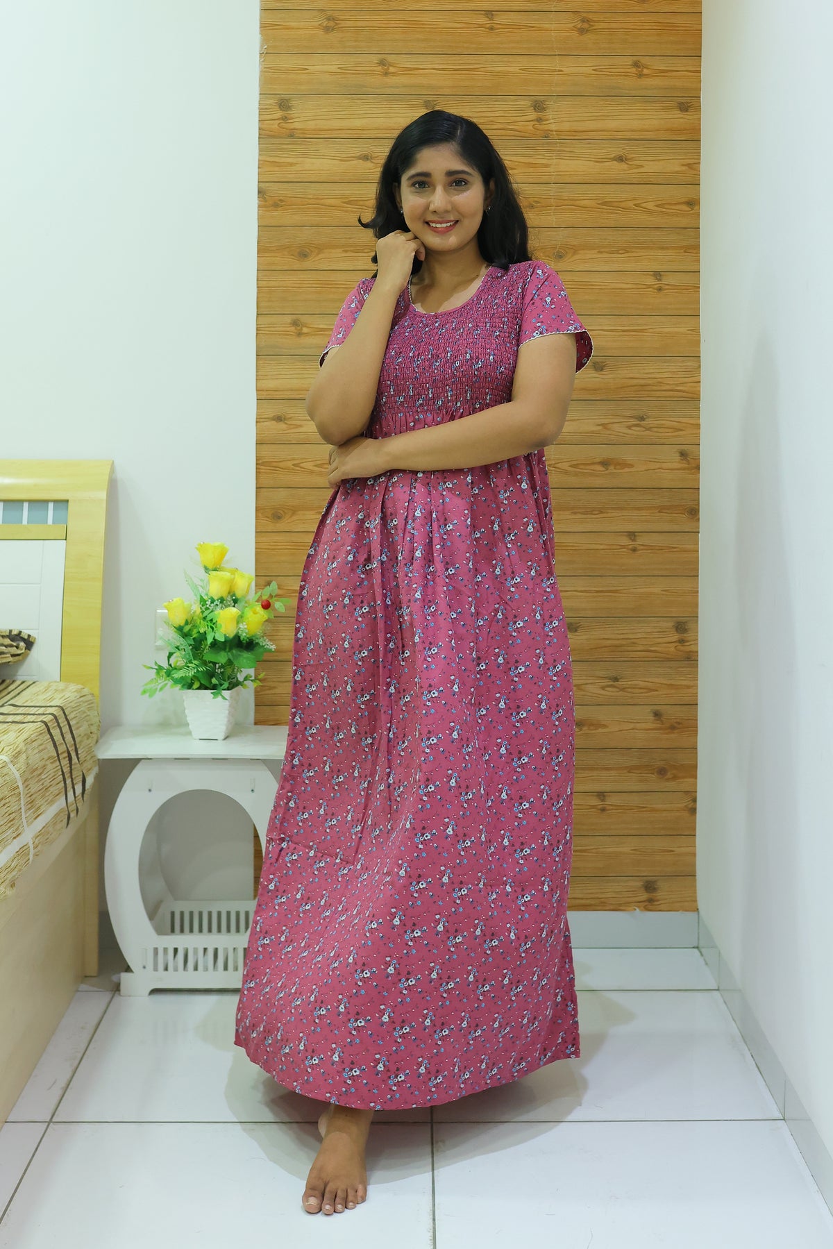 New Smocking Nighty | Stretchable Elastic Type | Beautiful Pleated Model | Side Pocket | Stylish Nighty for Stylish Women's (OM-RAH)
