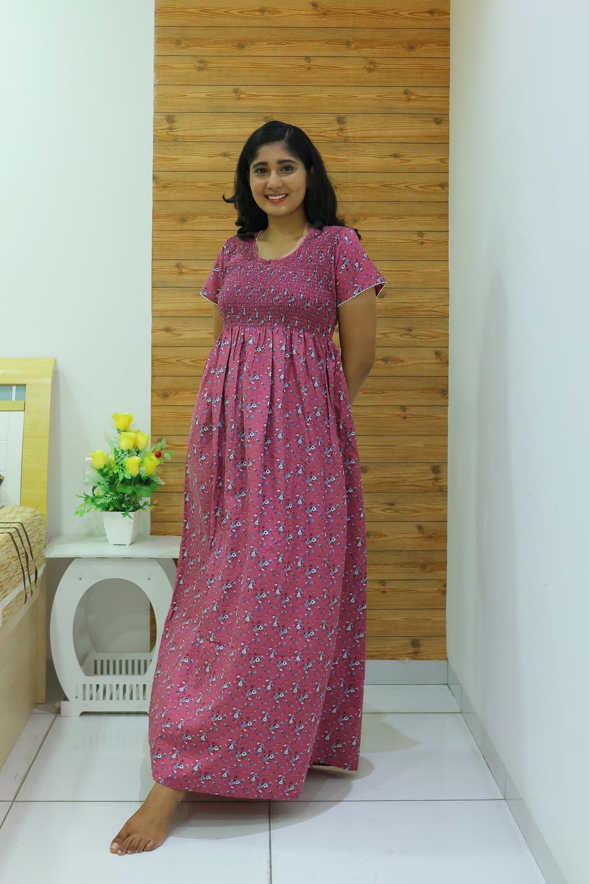 New Smocking Nighty | Stretchable Elastic Type | Beautiful Pleated Model | Side Pocket | Stylish Nighty for Stylish Women's (OM-RAH)