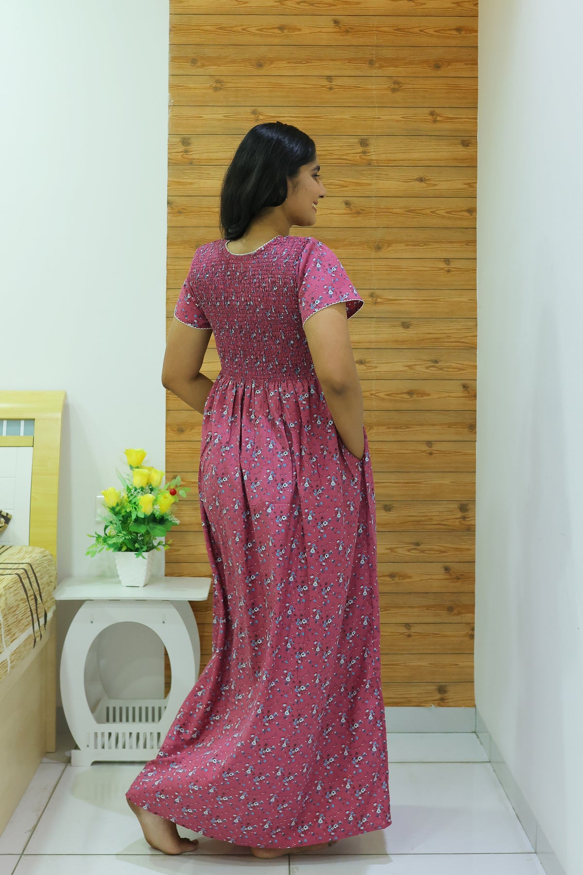 New Smocking Nighty | Stretchable Elastic Type | Beautiful Pleated Model | Side Pocket | Stylish Nighty for Stylish Women's (OM-RAH)