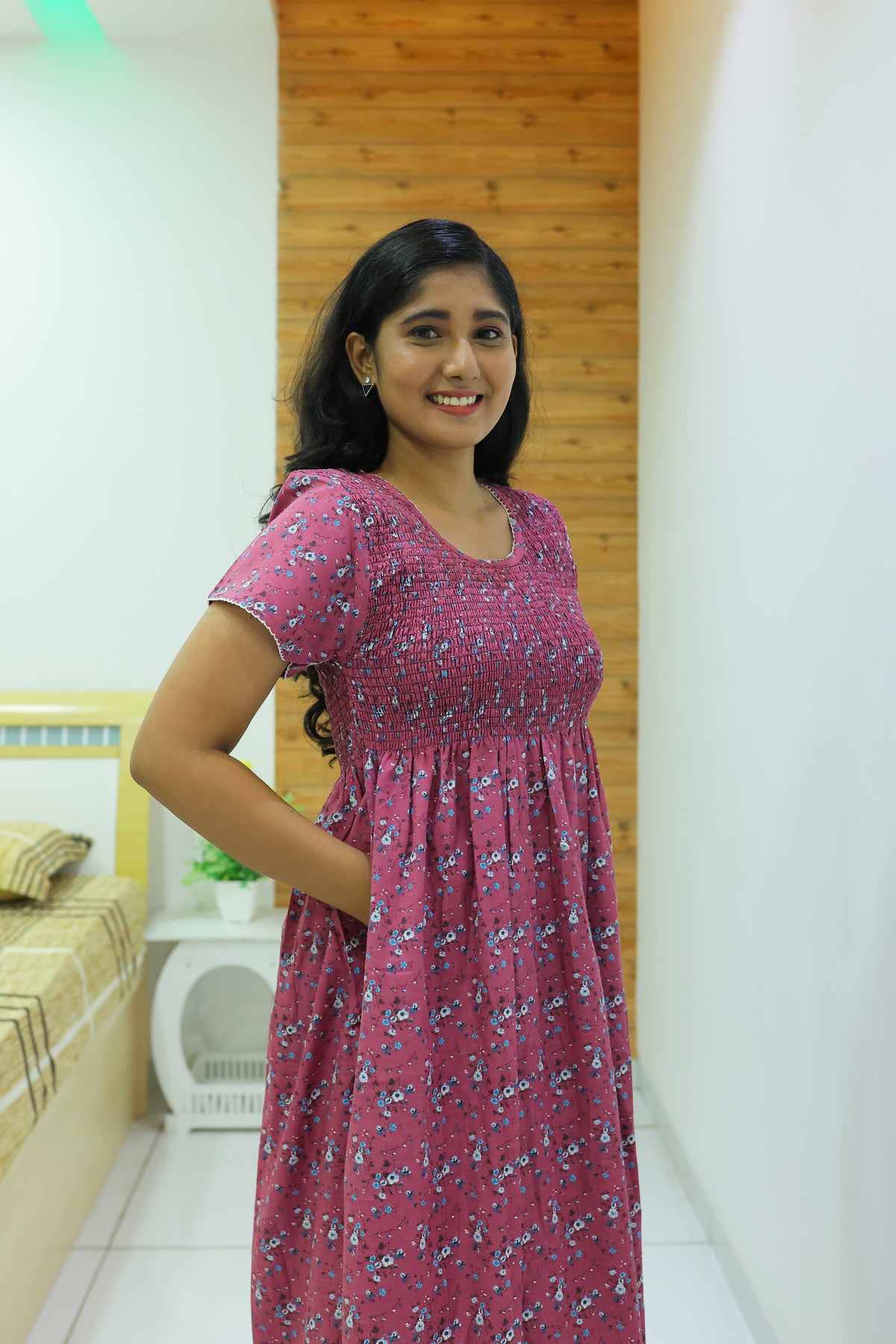 New Smocking Nighty | Stretchable Elastic Type | Beautiful Pleated Model | Side Pocket | Stylish Nighty for Stylish Women's (OM-RAH)