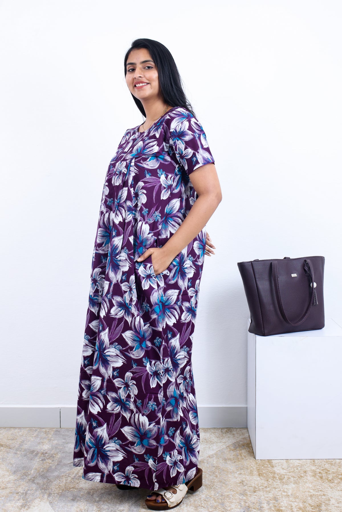 MANGAI Premium Cotton Printed Pleated Model Half Sleeve 3XL Size Nighties - Fancy Neck | With Side Pocket |Shrinkage Free Nighties | Trendy Collection's for Stylish Women's (3PZZ)