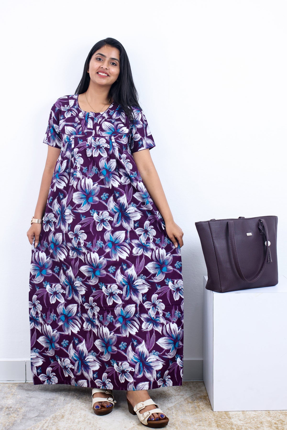 Regular Fit Cotton Printed Pleated Nighties