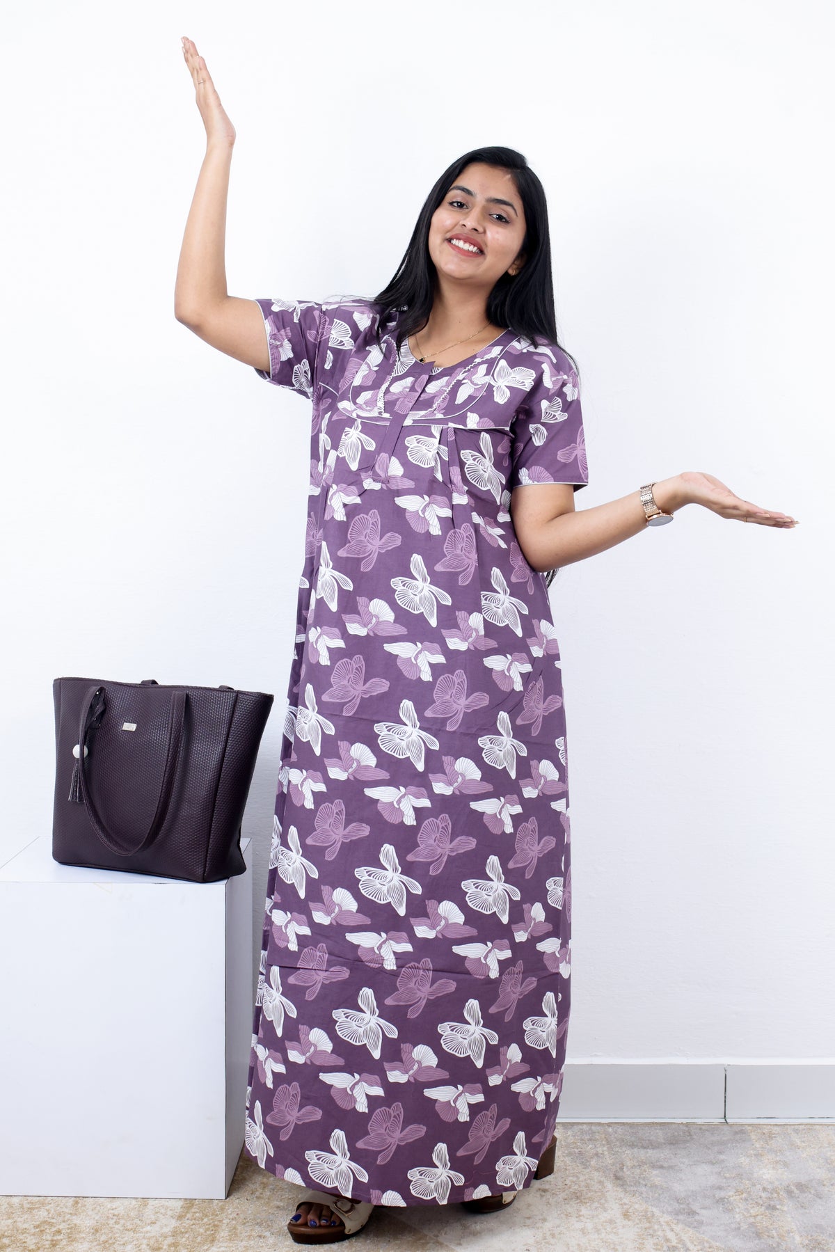 MANGAI Premium Cotton Printed Pleated Model Half Sleeve 3XL Size Nighties - Fancy Neck | With Side Pocket |Shrinkage Free Nighties | Trendy Collection's for Stylish Women's (3PZZ)