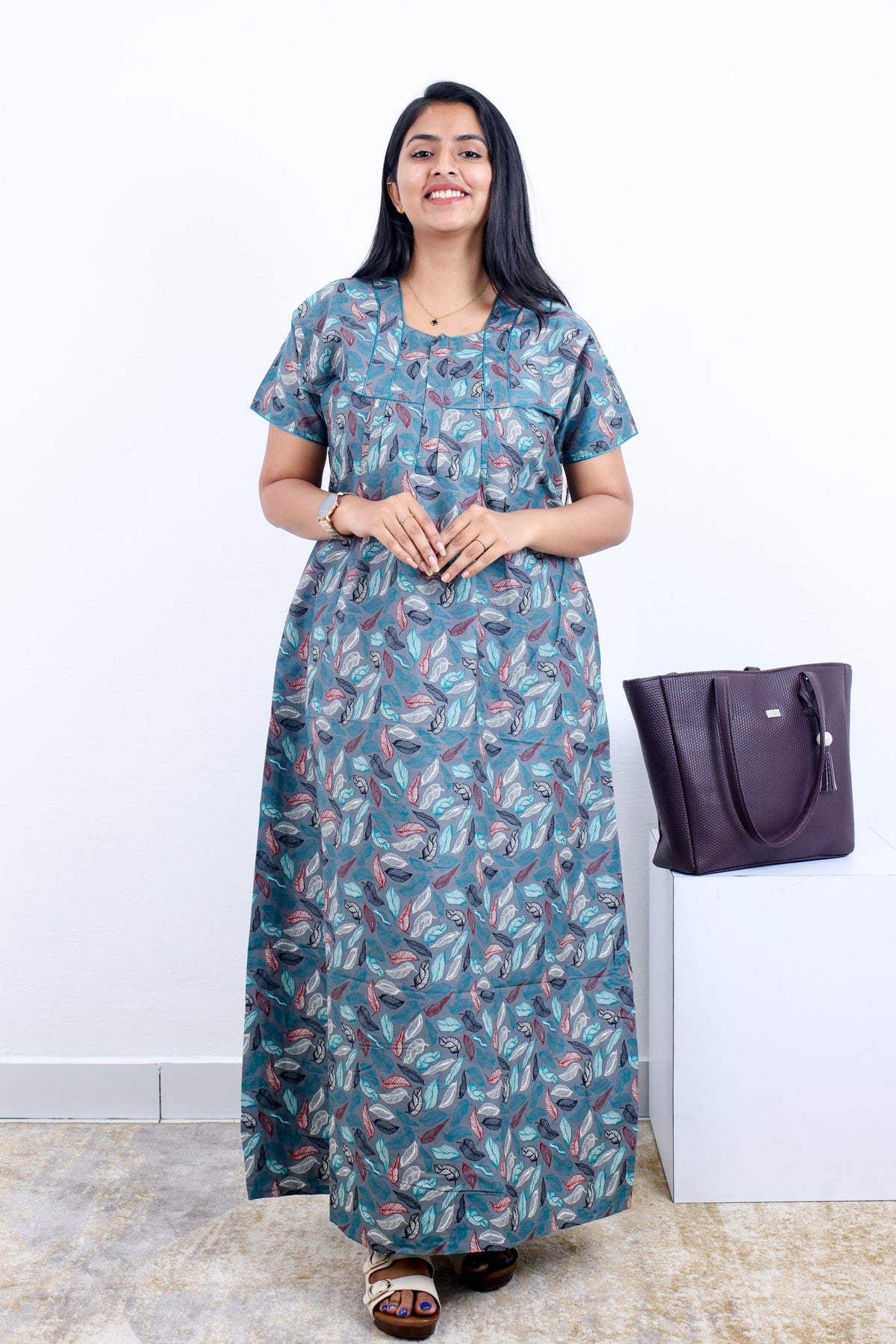 MANGAI Premium Cotton Printed Pleated Model Half Sleeve 3XL Size Nighties - Fancy Neck | With Side Pocket |Shrinkage Free Nighties | Trendy Collection's for Stylish Women's (3PZZ)