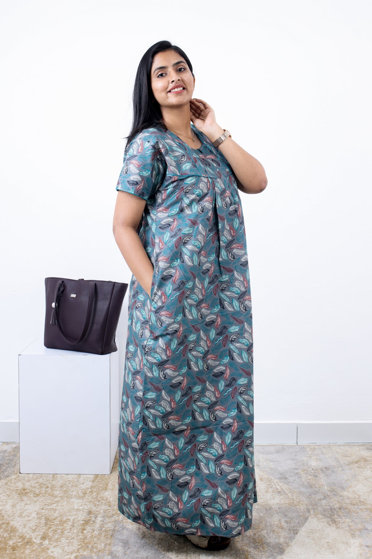 MANGAI Premium Cotton Printed Pleated Model Half Sleeve 3XL Size Nighties - Fancy Neck | With Side Pocket |Shrinkage Free Nighties | Trendy Collection's for Stylish Women's (3PZZ)