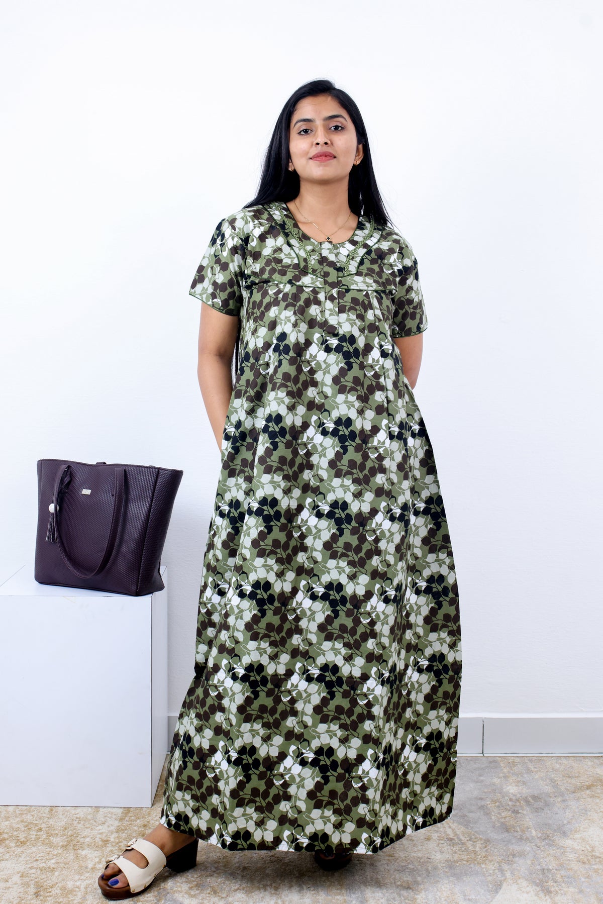 MANGAI Cotton Printed Pleated Nighties - All Over Printed Stylish Nighties | Side Cut Pocket | Front Open Zipper Type | Beautiful Nighties for Stylish Women's (SLB-P)