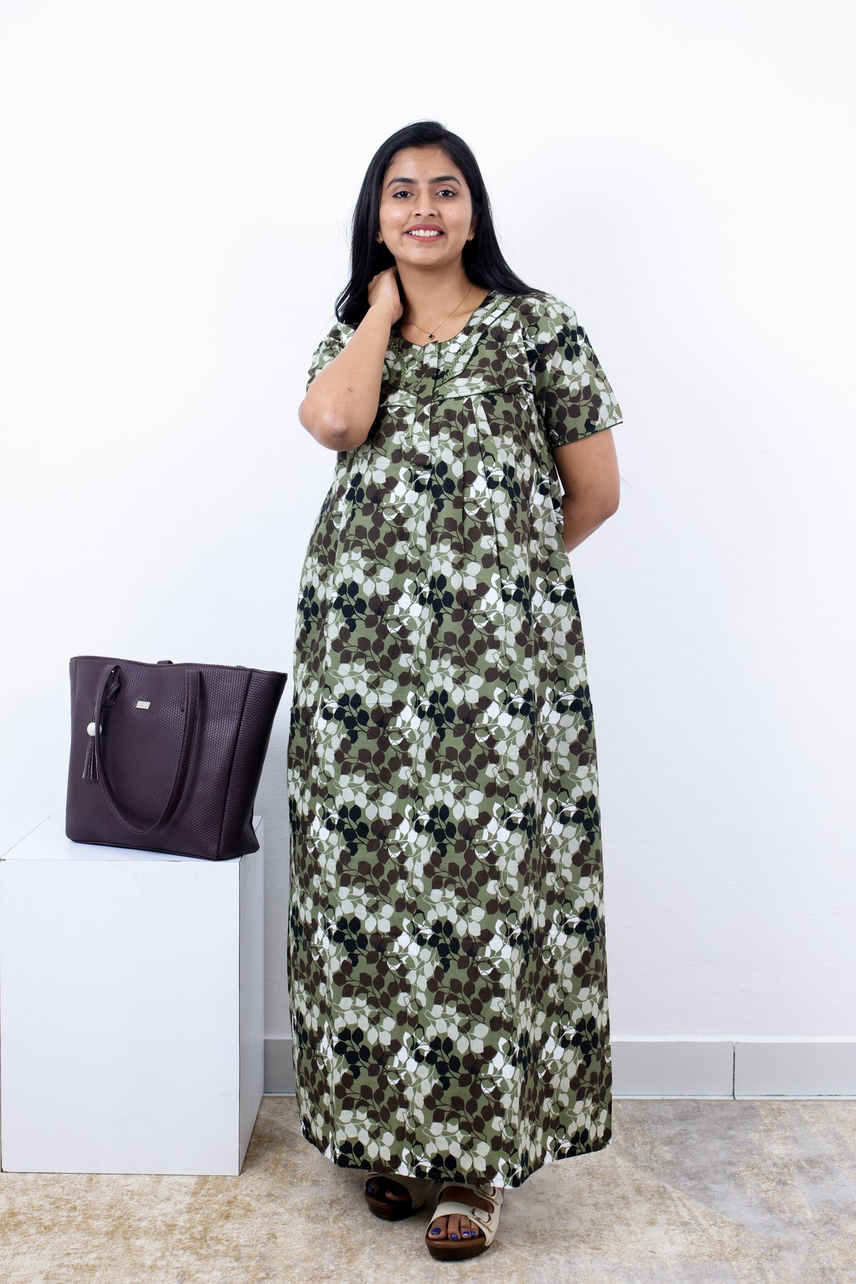 MANGAI Premium Cotton Printed Pleated Model Half Sleeve 3XL Size Nighties - Fancy Neck | With Side Pocket |Shrinkage Free Nighties | Trendy Collection's for Stylish Women's (3PZZ)