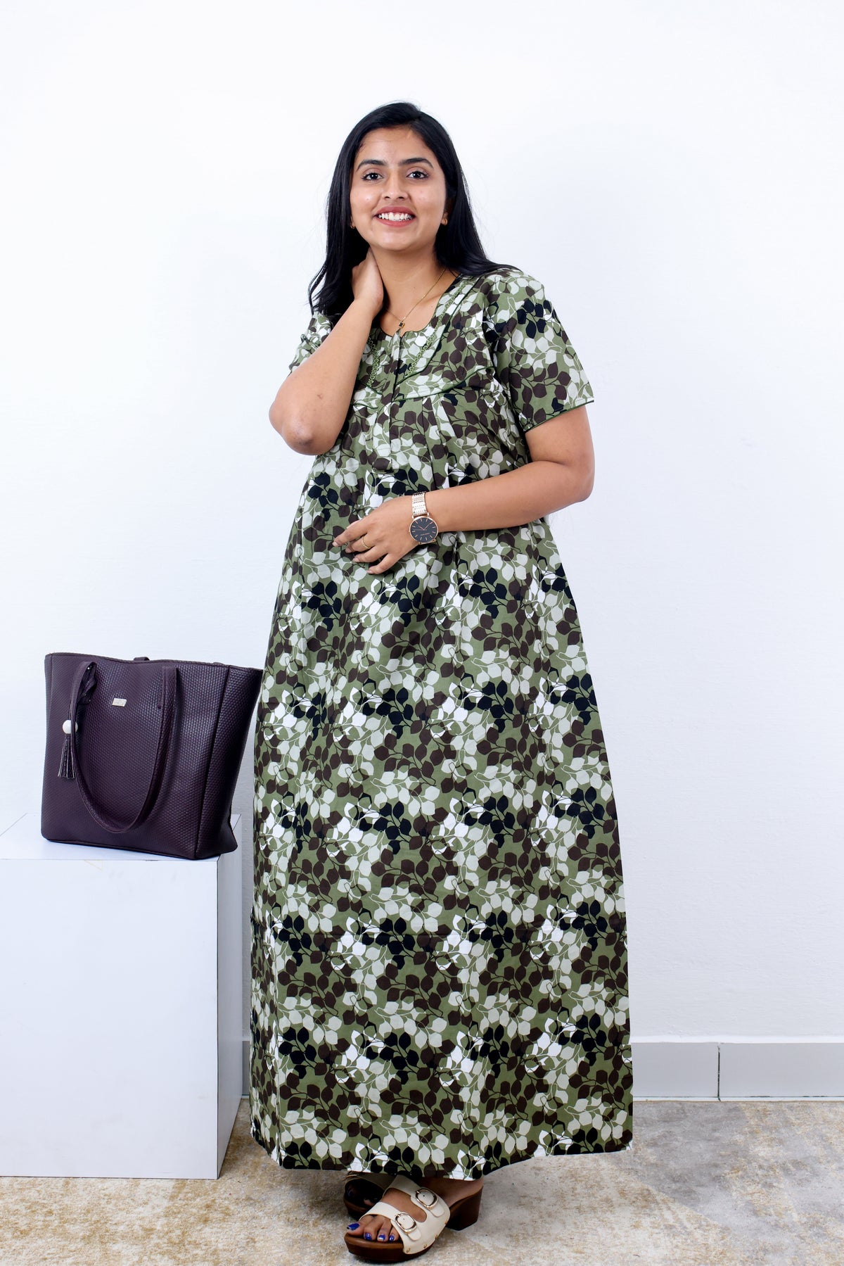 MANGAI Cotton Printed Pleated Nighties - All Over Printed Stylish Nighties | Side Cut Pocket | Front Open Zipper Type | Beautiful Nighties for Stylish Women's (SLB-P)