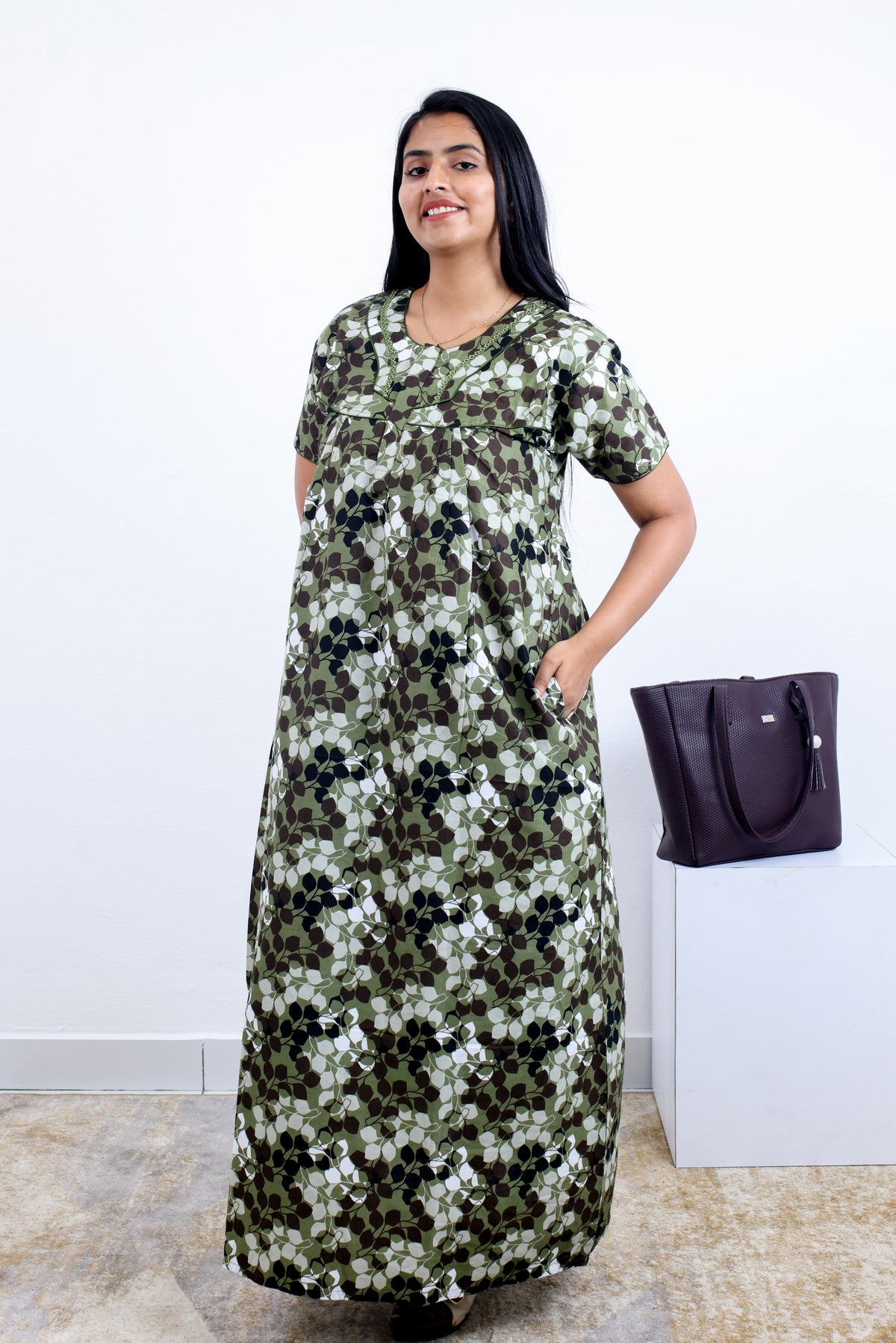 MANGAI Premium Cotton Printed Pleated Model Half Sleeve 3XL Size Nighties - Fancy Neck | With Side Pocket |Shrinkage Free Nighties | Trendy Collection's for Stylish Women's (3PZZ)