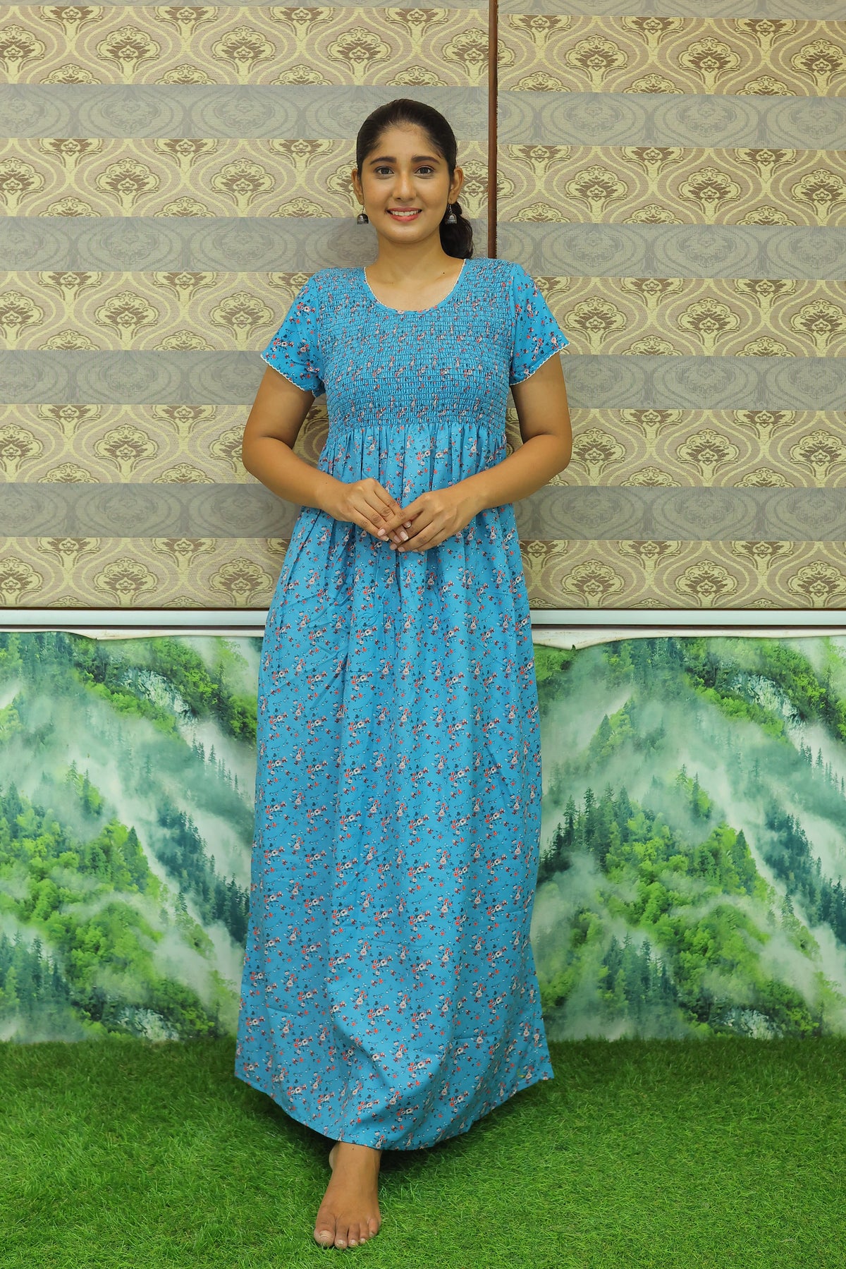 New Smocking Nighty | Stretchable Elastic Type | Beautiful Pleated Model | Side Pocket | Stylish Nighty for Stylish Women's (OM-RAH)