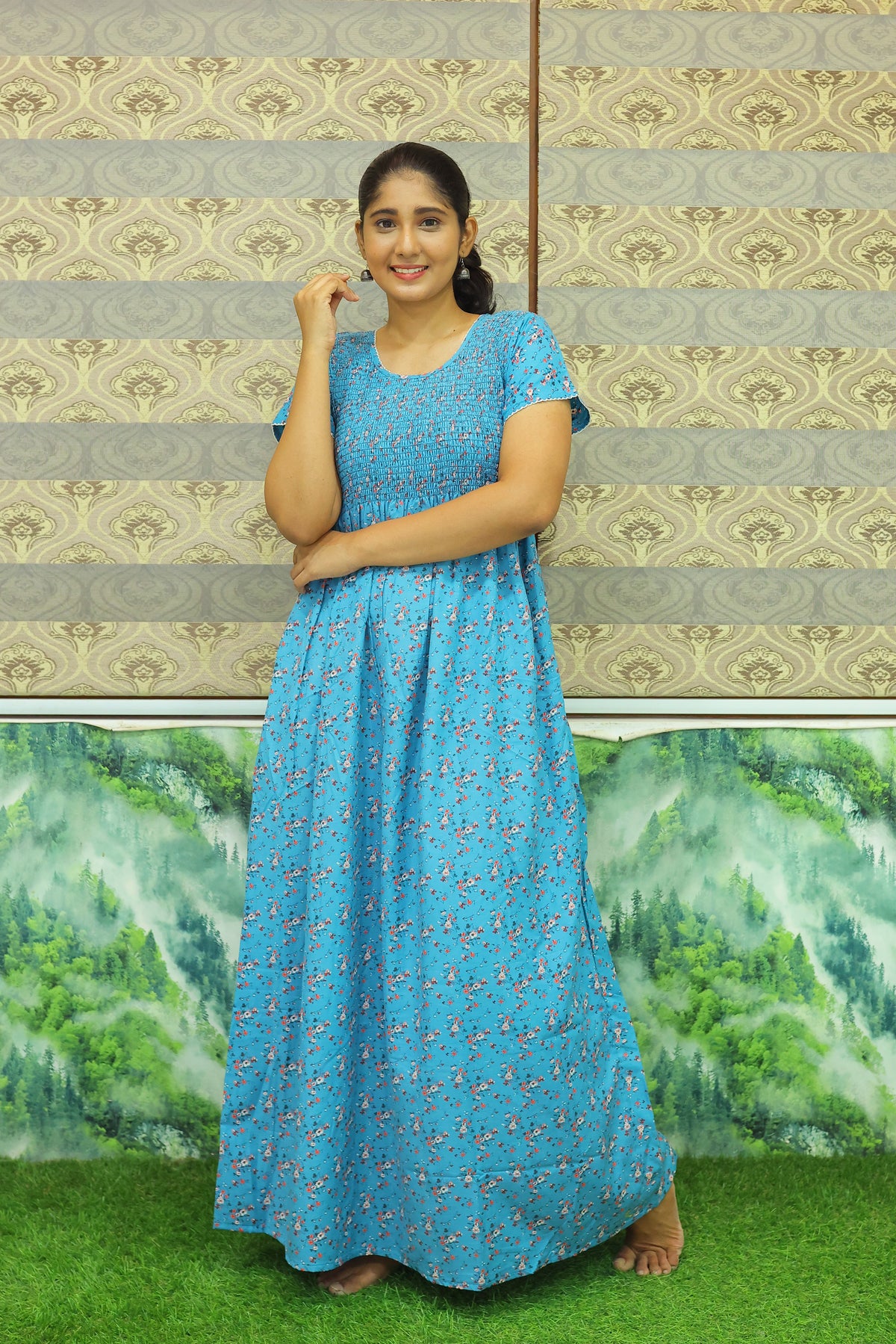 New Smocking Nighty | Stretchable Elastic Type | Beautiful Pleated Model | Side Pocket | Stylish Nighty for Stylish Women's (OM-RAH)