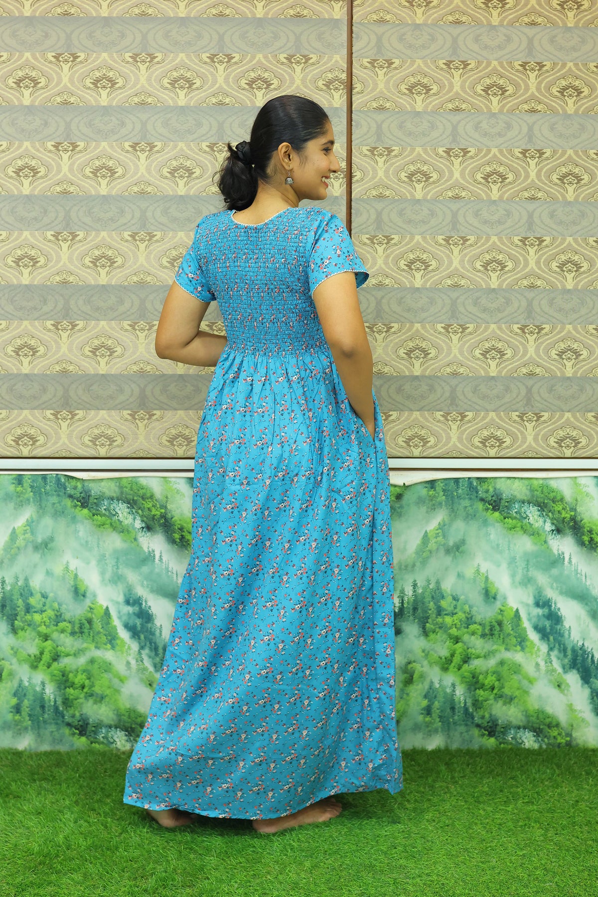 New Smocking Nighty | Stretchable Elastic Type | Beautiful Pleated Model | Side Pocket | Stylish Nighty for Stylish Women's (OM-RAH)