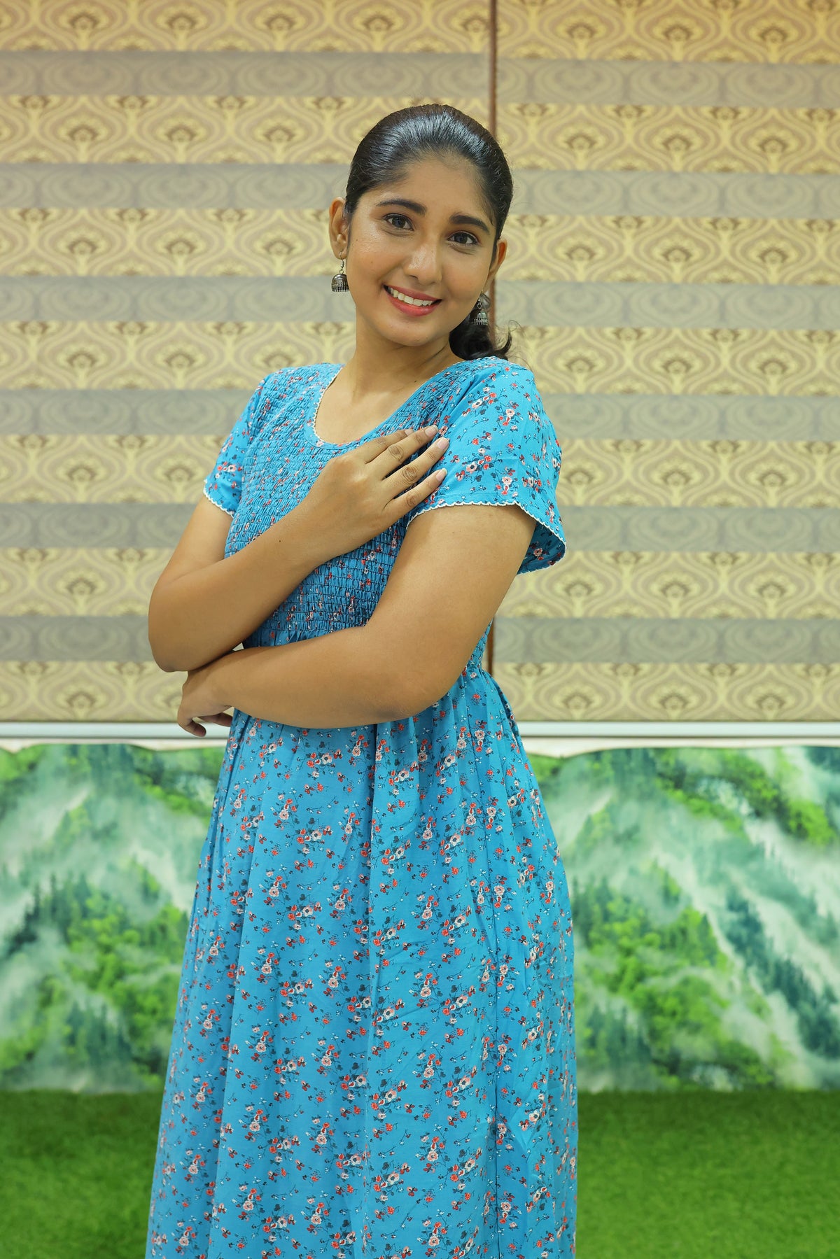 New Smocking Nighty | Stretchable Elastic Type | Beautiful Pleated Model | Side Pocket | Stylish Nighty for Stylish Women's (OM-RAH)