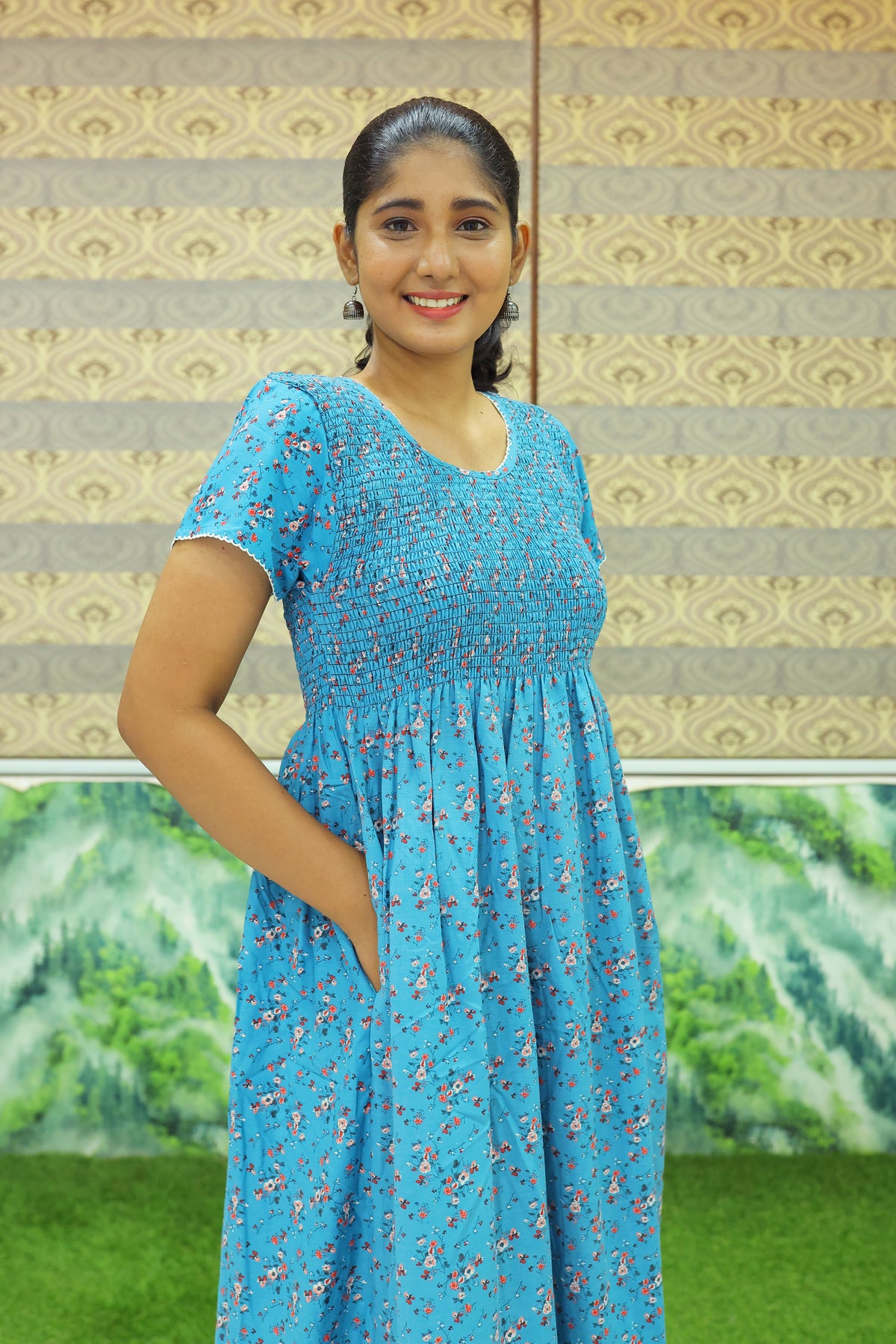 New Smocking Nighty | Stretchable Elastic Type | Beautiful Pleated Model | Side Pocket | Stylish Nighty for Stylish Women's (OM-RAH)