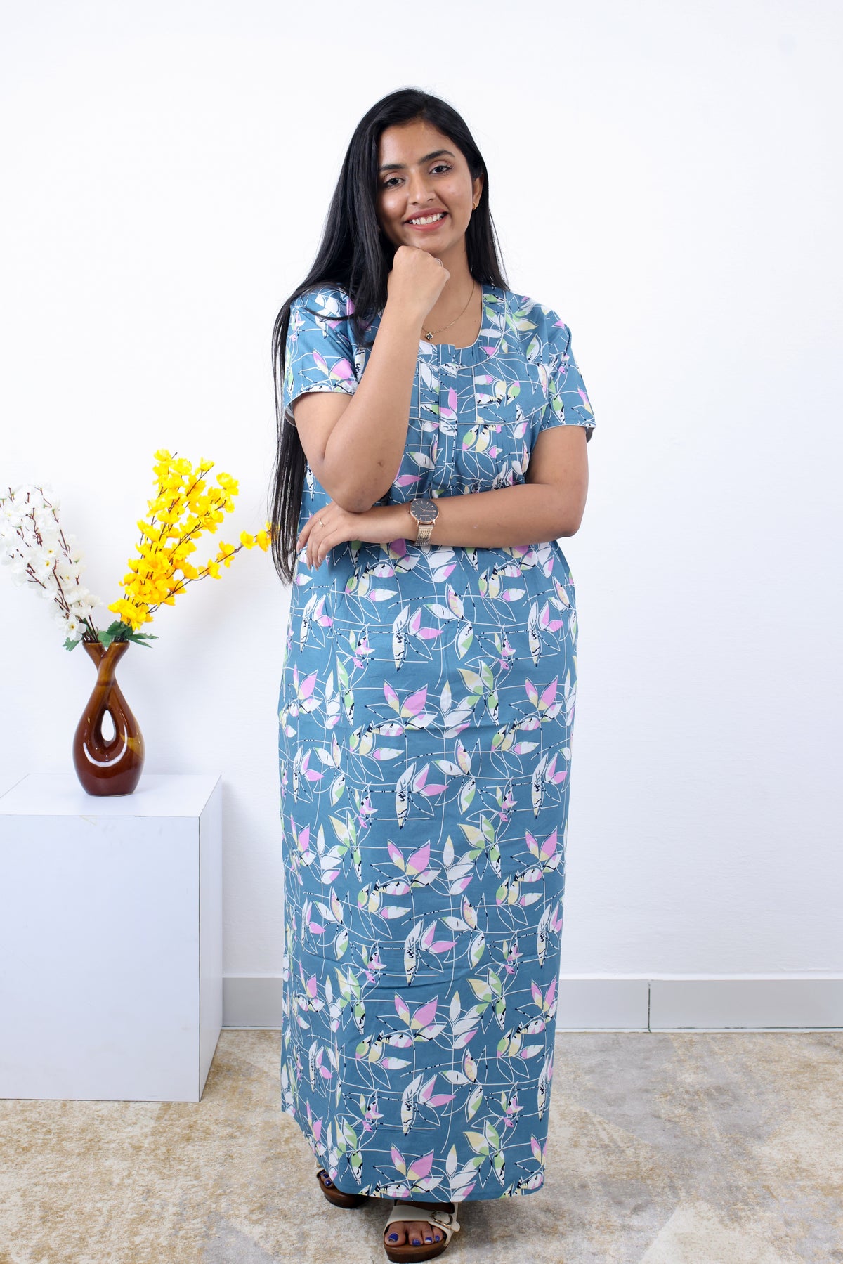 MANGAI Premium Cotton Printed Pleated Model Half Sleeve 3XL Size Nighties - Fancy Neck | With Side Pocket |Shrinkage Free Nighties | Trendy Collection's for Stylish Women's (3PZZ)