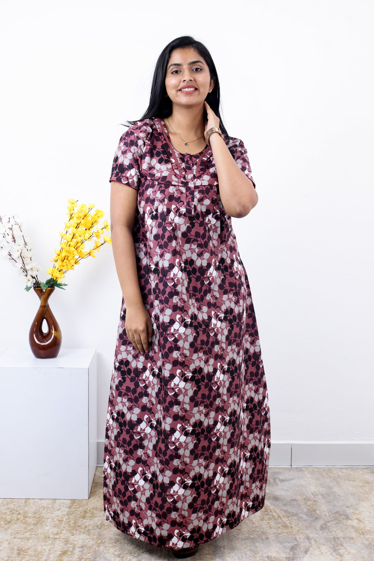 MANGAI Premium Cotton Printed Pleated Model Half Sleeve 3XL Size Nighties - Fancy Neck | With Side Pocket |Shrinkage Free Nighties | Trendy Collection's for Stylish Women's (3PZZ)