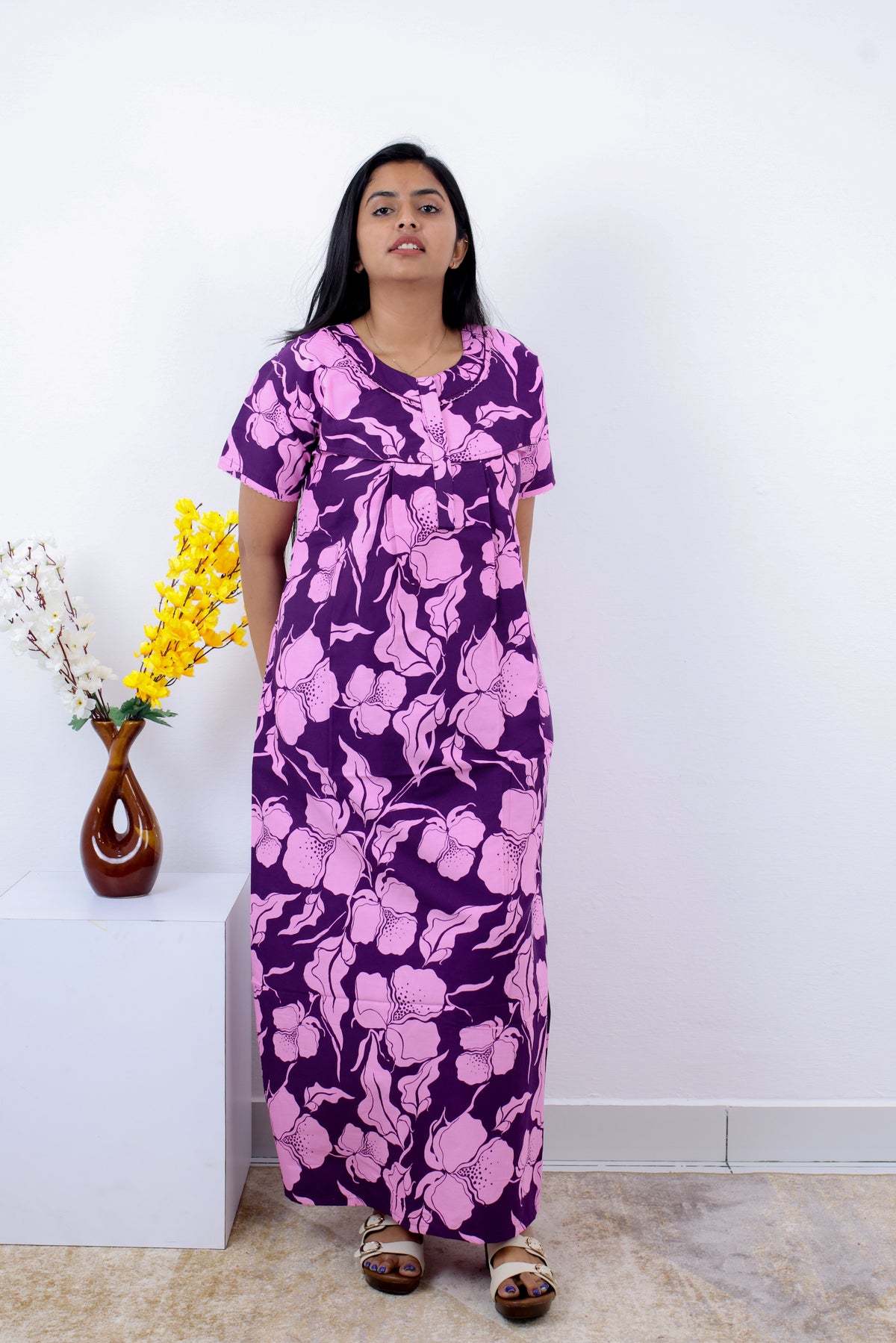 MANGAI Premium Cotton Printed Pleated Model Half Sleeve 3XL Size Nighties - Fancy Neck | With Side Pocket |Shrinkage Free Nighties | Trendy Collection's for Stylish Women's (3PZZ)