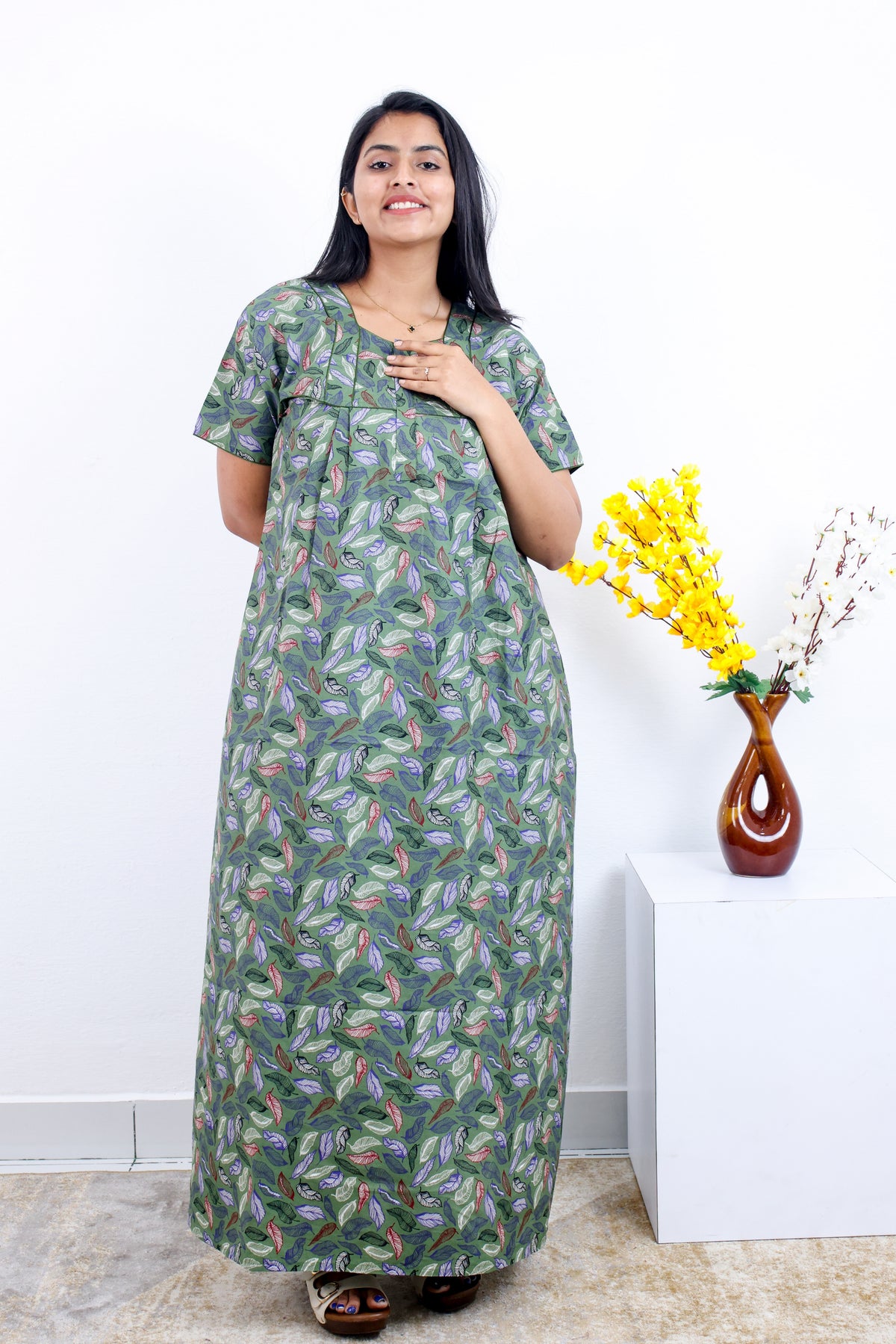 MANGAI Premium Cotton Printed Pleated Model Half Sleeve 3XL Size Nighties - Fancy Neck | With Side Pocket |Shrinkage Free Nighties | Trendy Collection's for Stylish Women's (3PZZ)