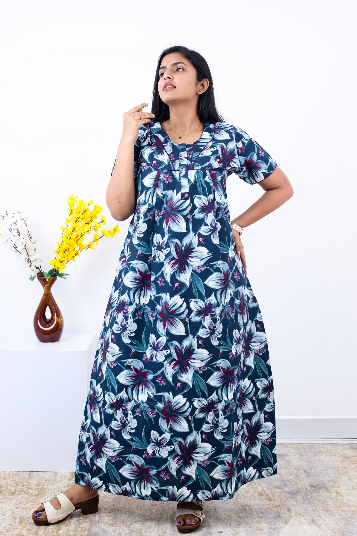 MANGAI Cotton Printed Pleated Nighties - All Over Printed Stylish Nighties | Side Cut Pocket | Front Open Zipper Type | Beautiful Nighties for Stylish Women's (SLB-P)