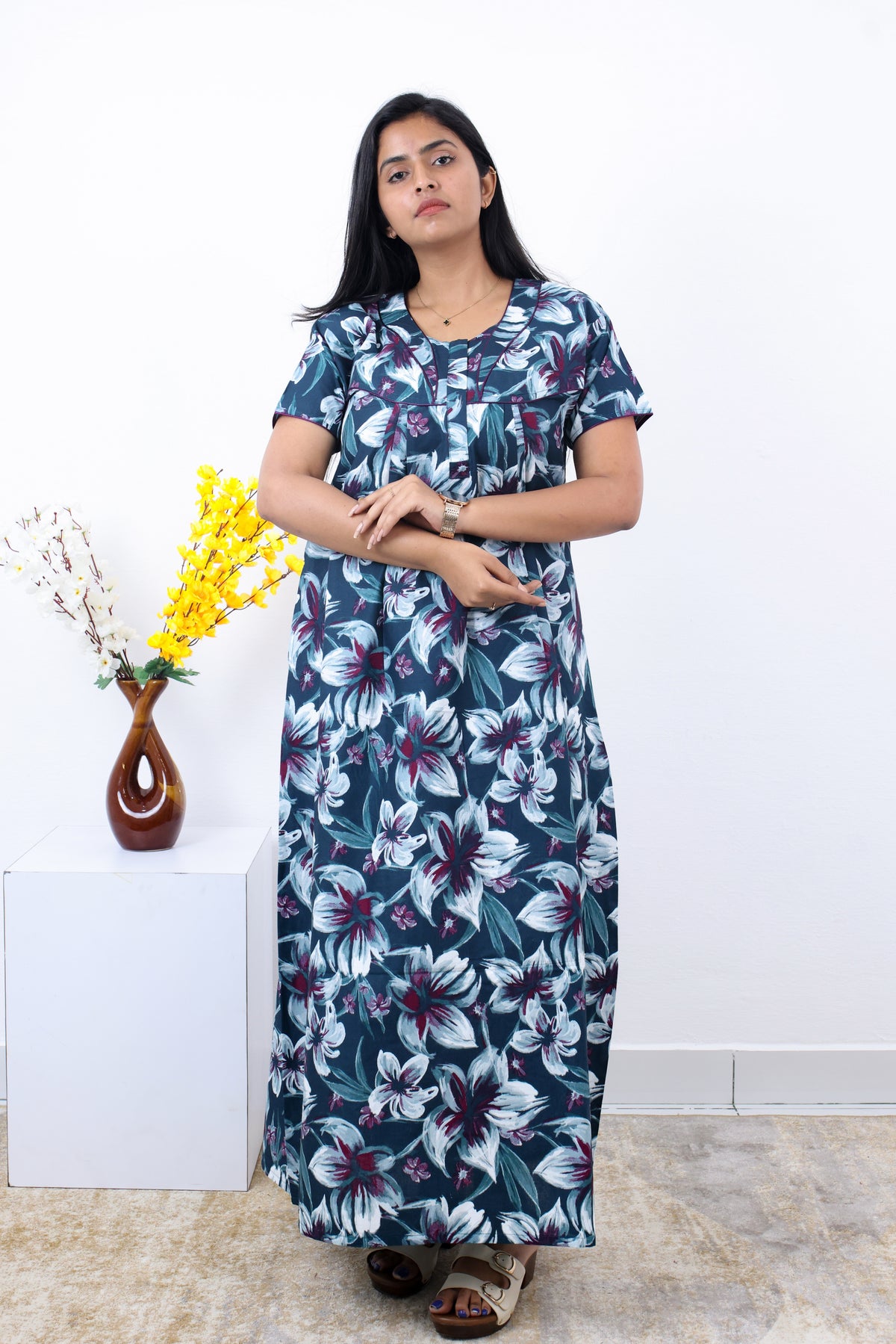 MANGAI Premium Cotton Printed Pleated Model Half Sleeve 3XL Size Nighties - Fancy Neck | With Side Pocket |Shrinkage Free Nighties | Trendy Collection's for Stylish Women's (3PZZ)