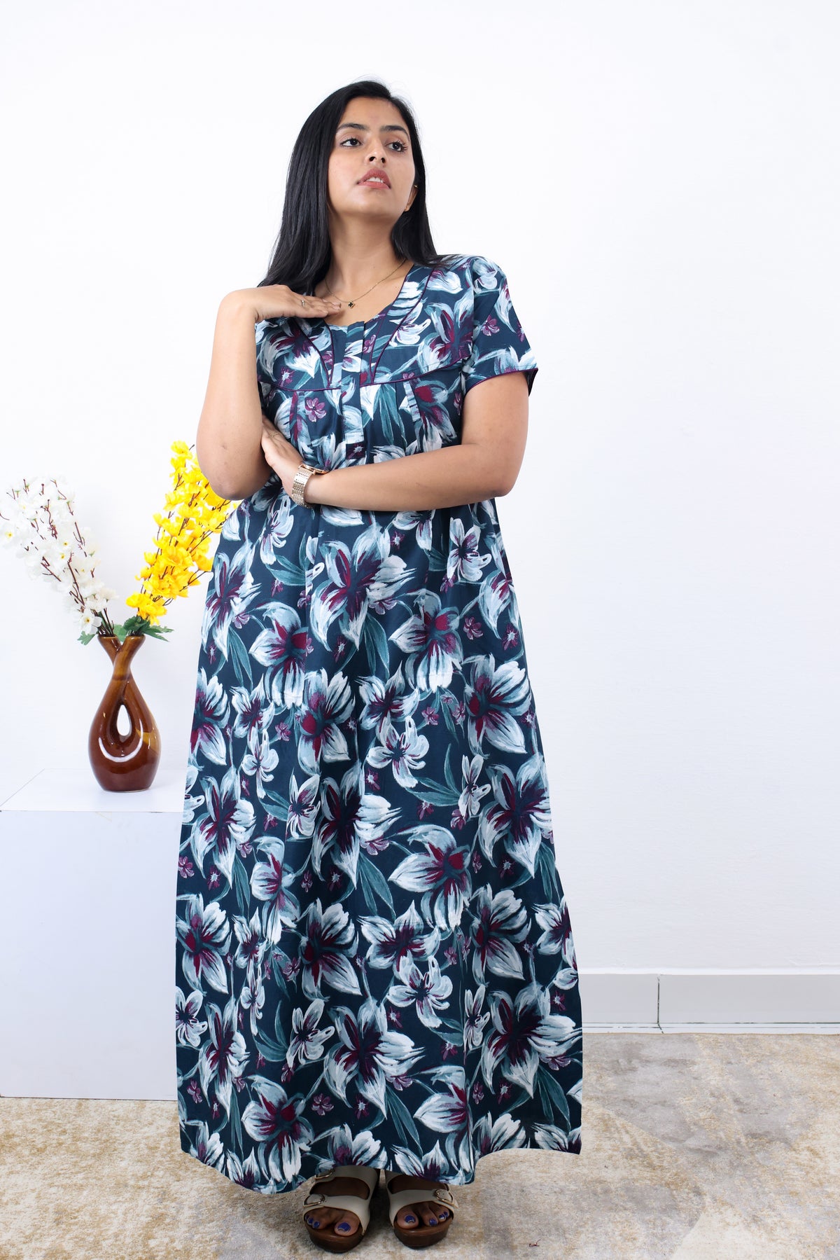 MANGAI Premium Cotton Printed Pleated Model Half Sleeve 3XL Size Nighties - Fancy Neck | With Side Pocket |Shrinkage Free Nighties | Trendy Collection's for Stylish Women's (3PZZ)