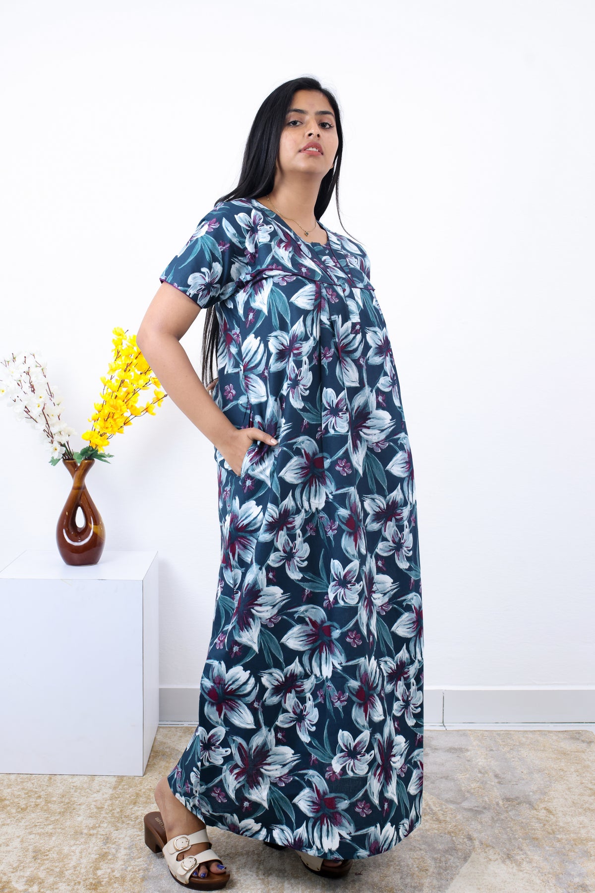 MANGAI Premium Cotton Printed Pleated Model Half Sleeve 3XL Size Nighties - Fancy Neck | With Side Pocket |Shrinkage Free Nighties | Trendy Collection's for Stylish Women's (3PZZ)