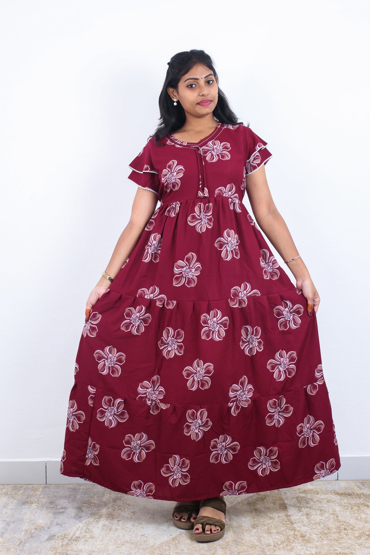 Stylish Alpine 3 Layer Frock Model Nighties| Fancy Sleeves & Neck Pattern| Side Pocket with Back Tie Rope | Perfect Nightwear Trendy Women's (AFK)