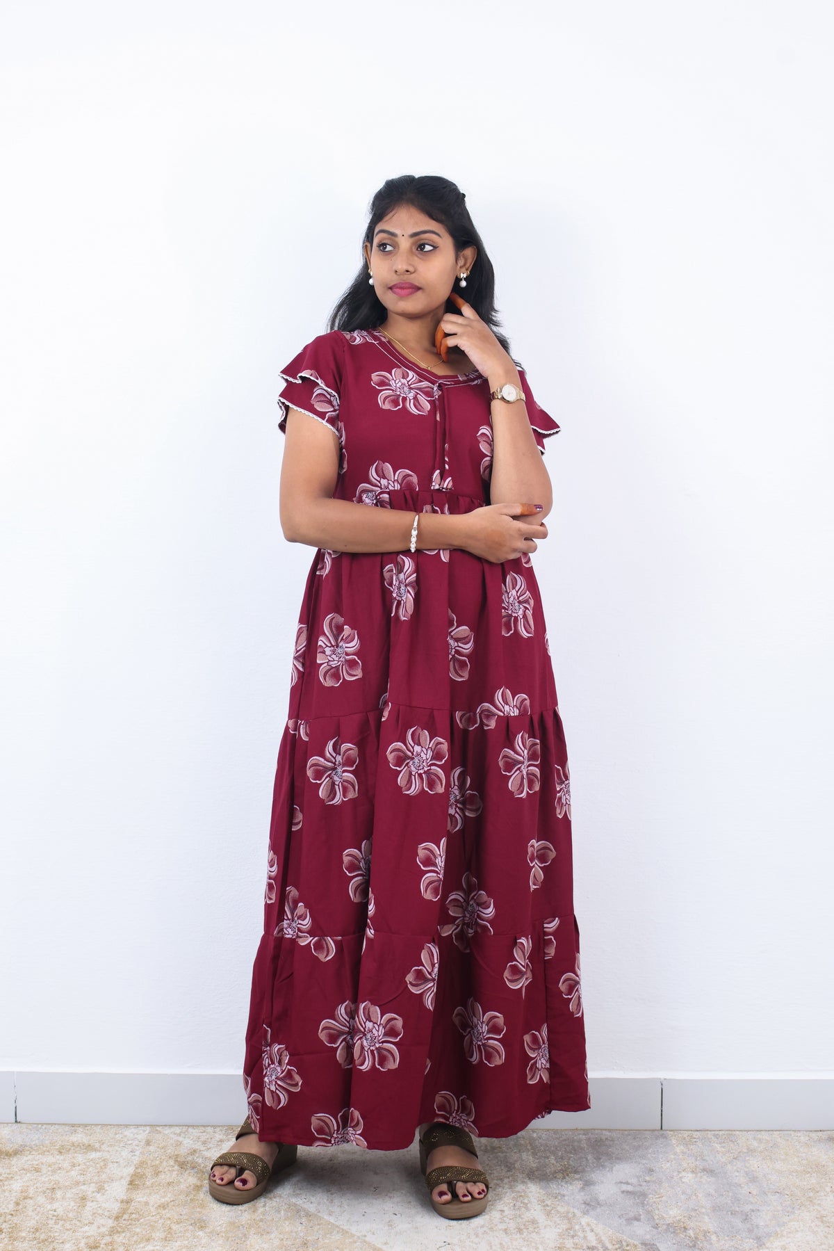 Stylish Alpine 3 Layer Frock Model Nighties| Fancy Sleeves & Neck Pattern| Side Pocket with Back Tie Rope | Perfect Nightwear Trendy Women's (AFK)