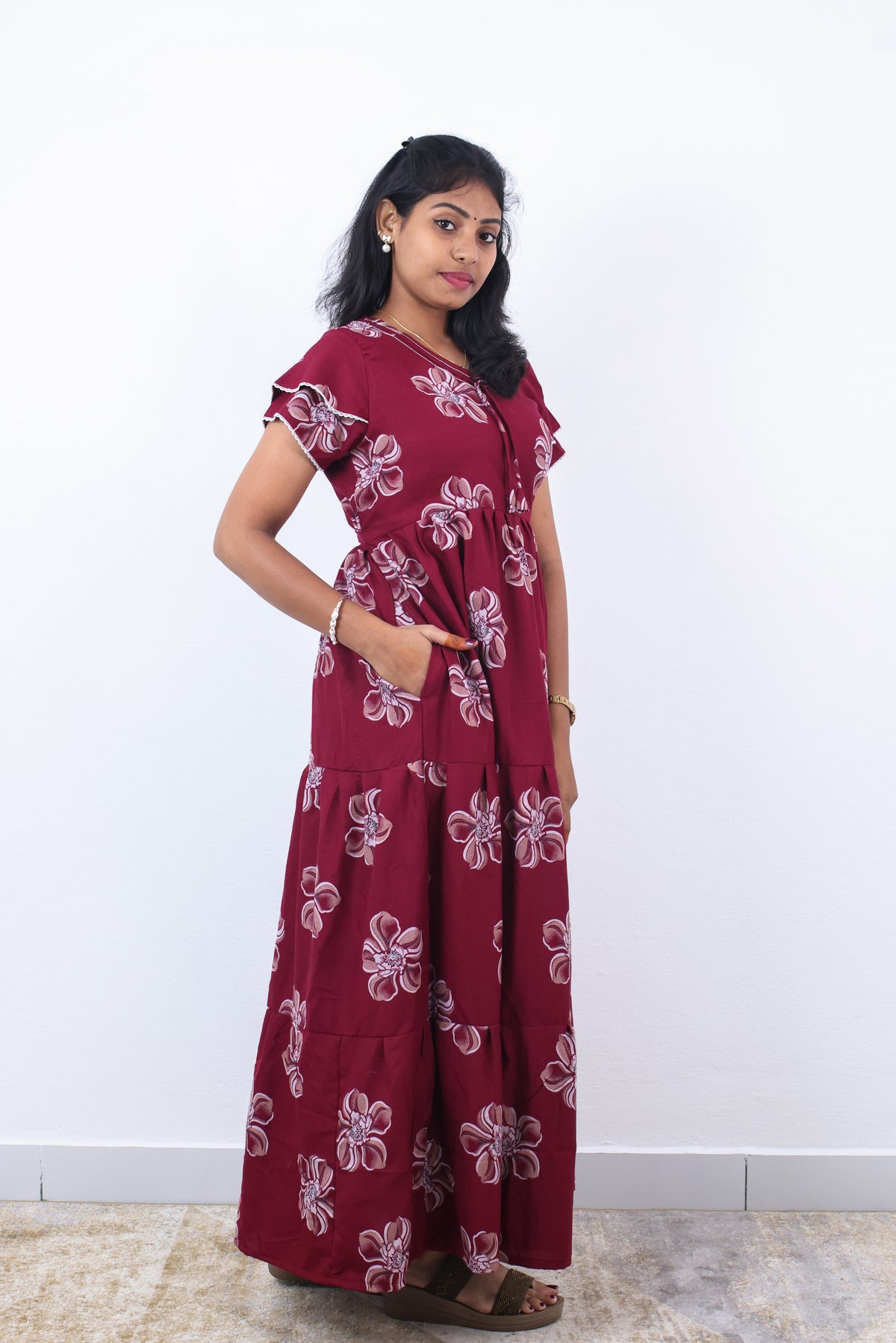 Stylish Alpine 3 Layer Frock Model Nighties| Fancy Sleeves & Neck Pattern| Side Pocket with Back Tie Rope | Perfect Nightwear Trendy Women's (AFK)