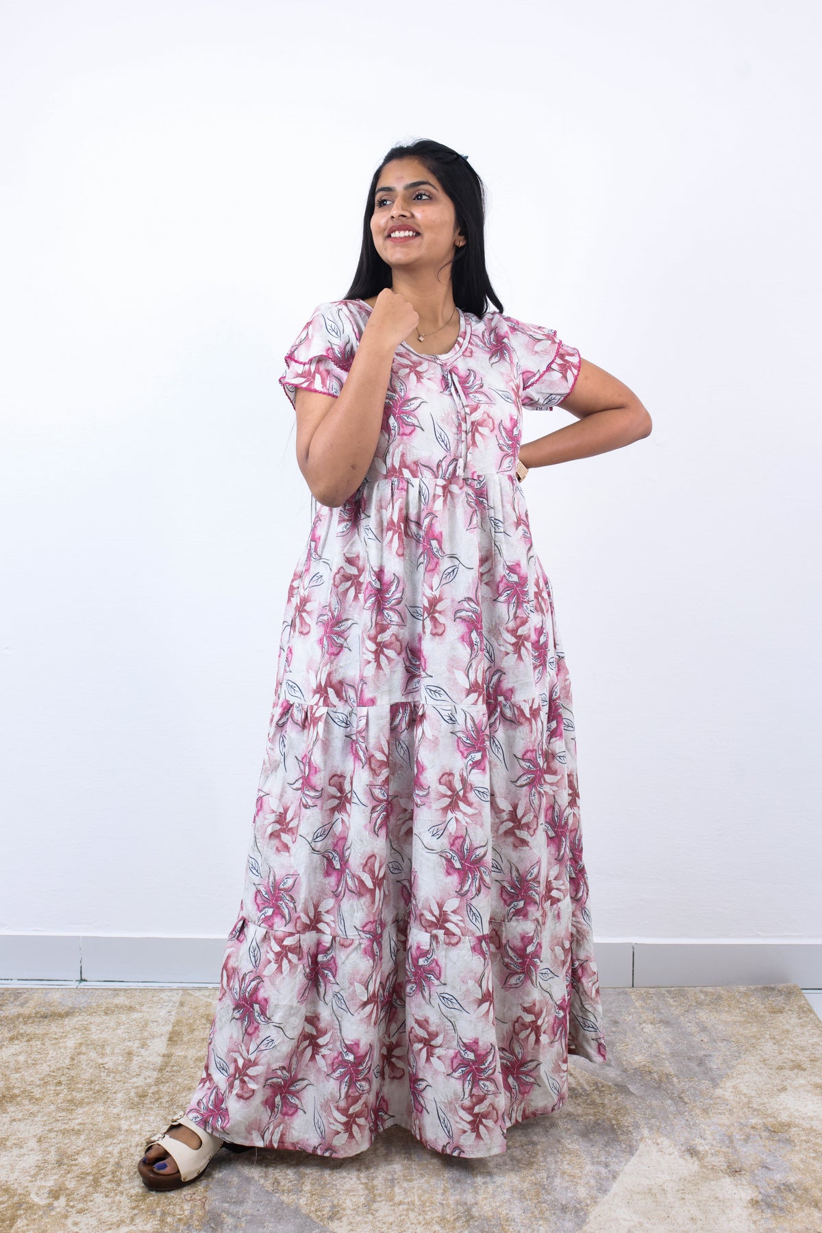 Stylish Alpine 3 Layer Frock Model Nighties| Fancy Sleeves & Neck Pattern| Side Pocket with Back Tie Rope | Perfect Nightwear Trendy Women's (AFK)