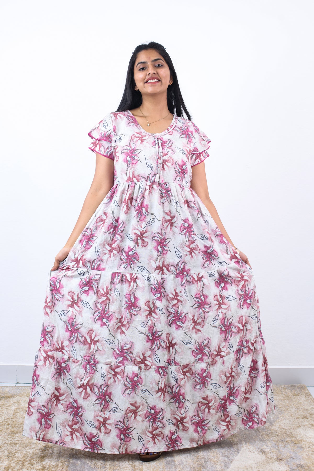 Stylish Alpine 3 Layer Frock Model Nighties| Fancy Sleeves & Neck Pattern| Side Pocket with Back Tie Rope | Perfect Nightwear Trendy Women's (AFK)