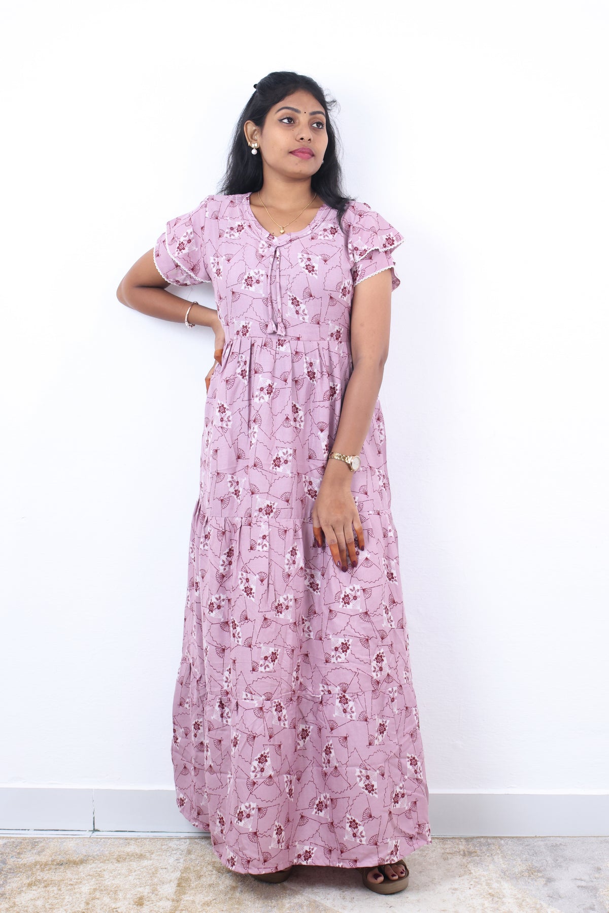 Stylish Alpine 3 Layer Frock Model Nighties| Fancy Sleeves & Neck Pattern| Side Pocket with Back Tie Rope | Perfect Nightwear Trendy Women's (AFK)