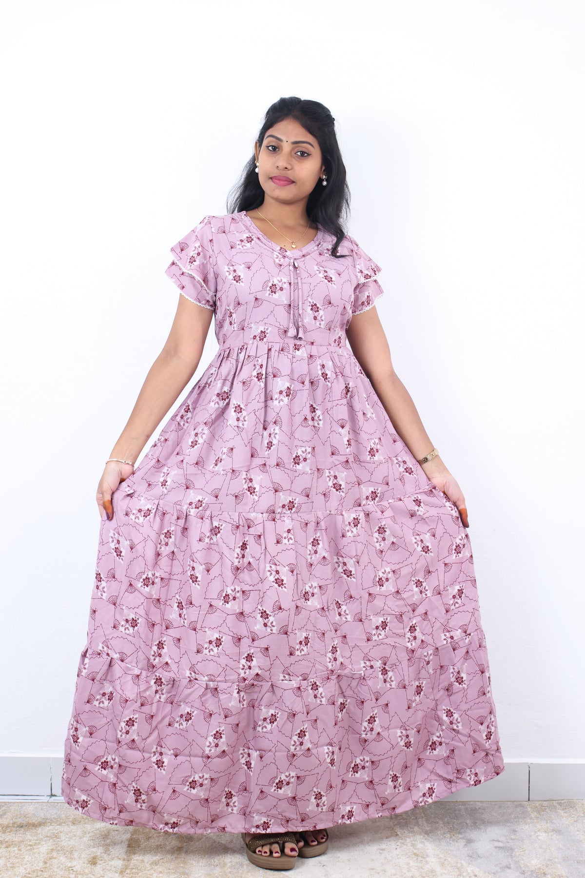 Stylish Alpine 3 Layer Frock Model Nighties| Fancy Sleeves & Neck Pattern| Side Pocket with Back Tie Rope | Perfect Nightwear Trendy Women's (AFK)