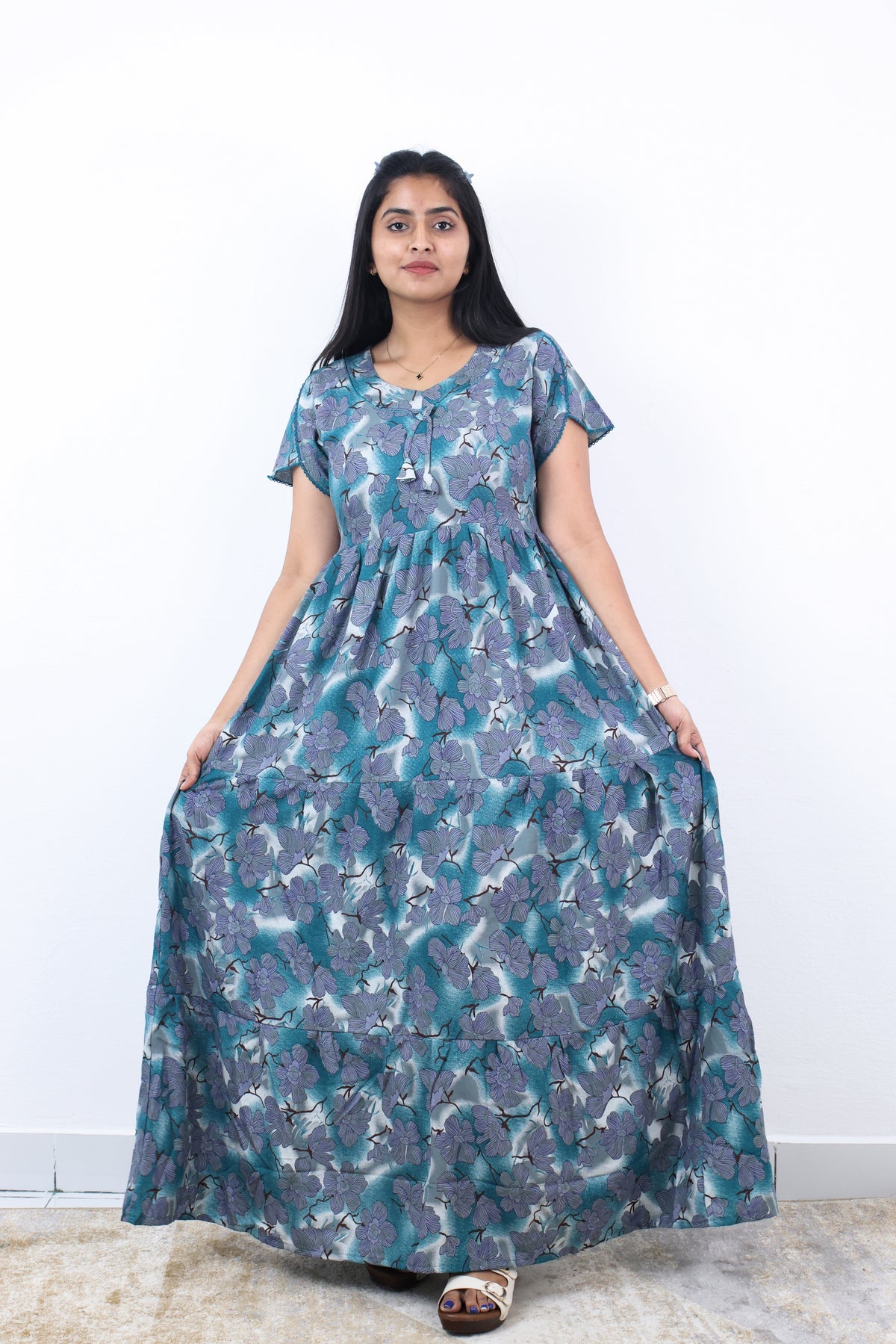 Stylish Alpine 3 Layer Frock Model Nighties| Fancy Sleeves & Neck Pattern| Side Pocket with Back Tie Rope | Perfect Nightwear Trendy Women's (AFK)