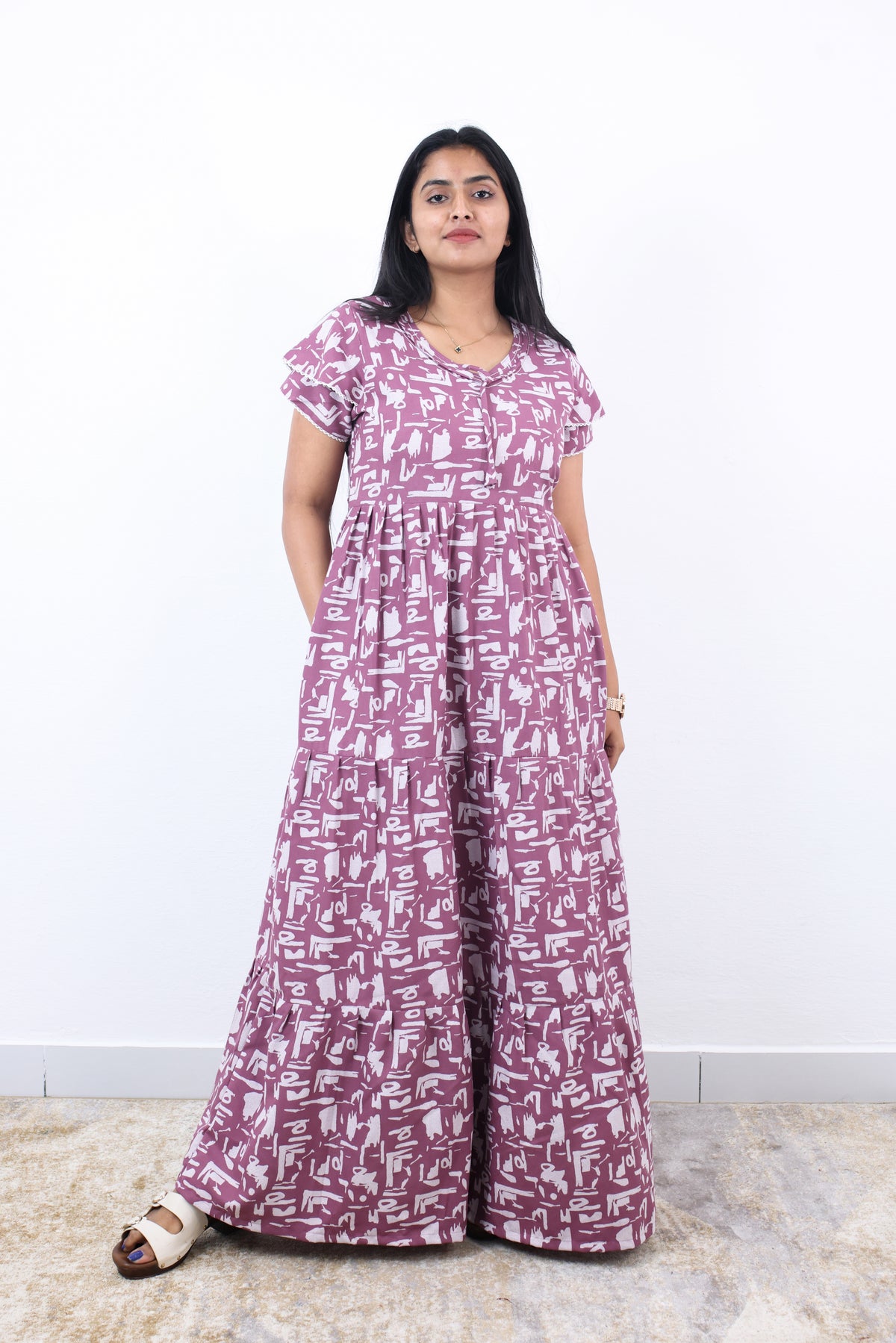 Stylish Alpine 3 Layer Frock Model Nighties| Fancy Sleeves & Neck Pattern| Side Pocket with Back Tie Rope | Perfect Nightwear Trendy Women's (AFK)