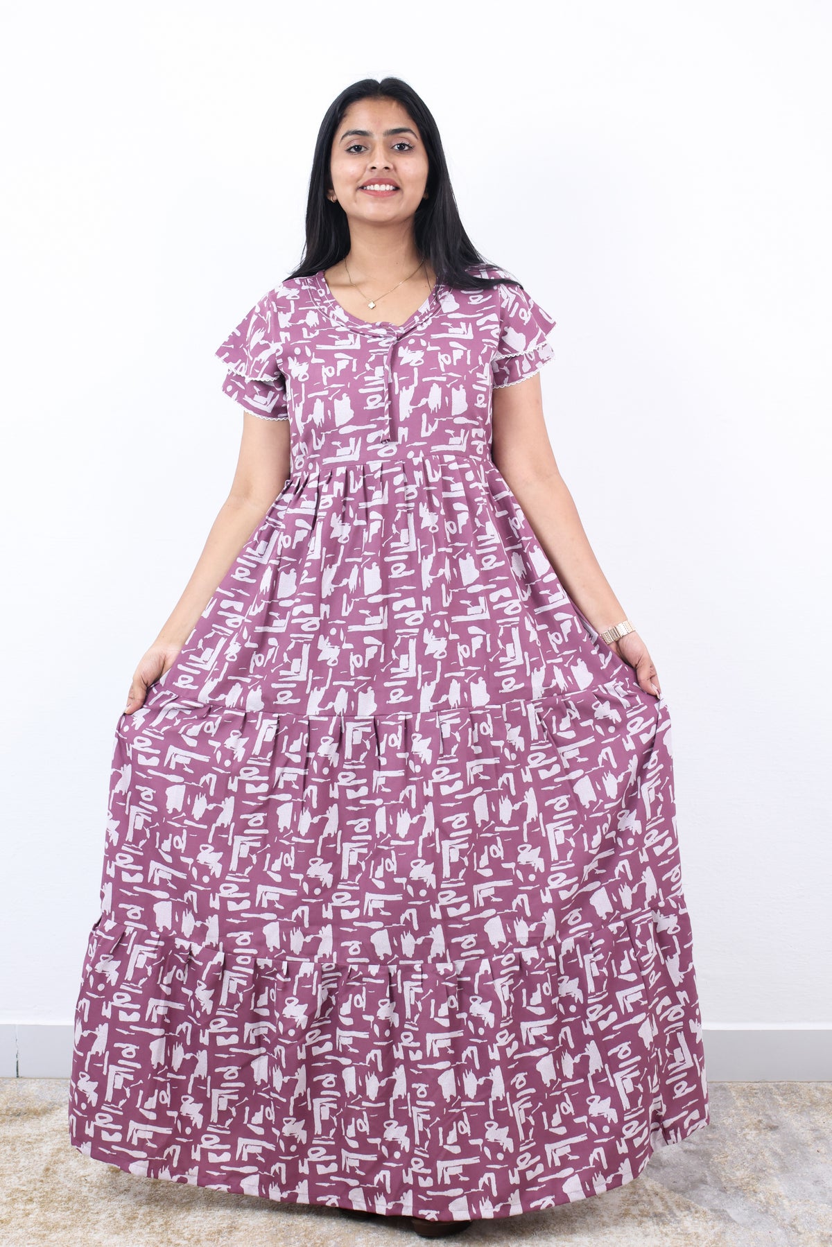 Stylish Alpine 3 Layer Frock Model Nighties| Fancy Sleeves & Neck Pattern| Side Pocket with Back Tie Rope | Perfect Nightwear Trendy Women's (AFK)