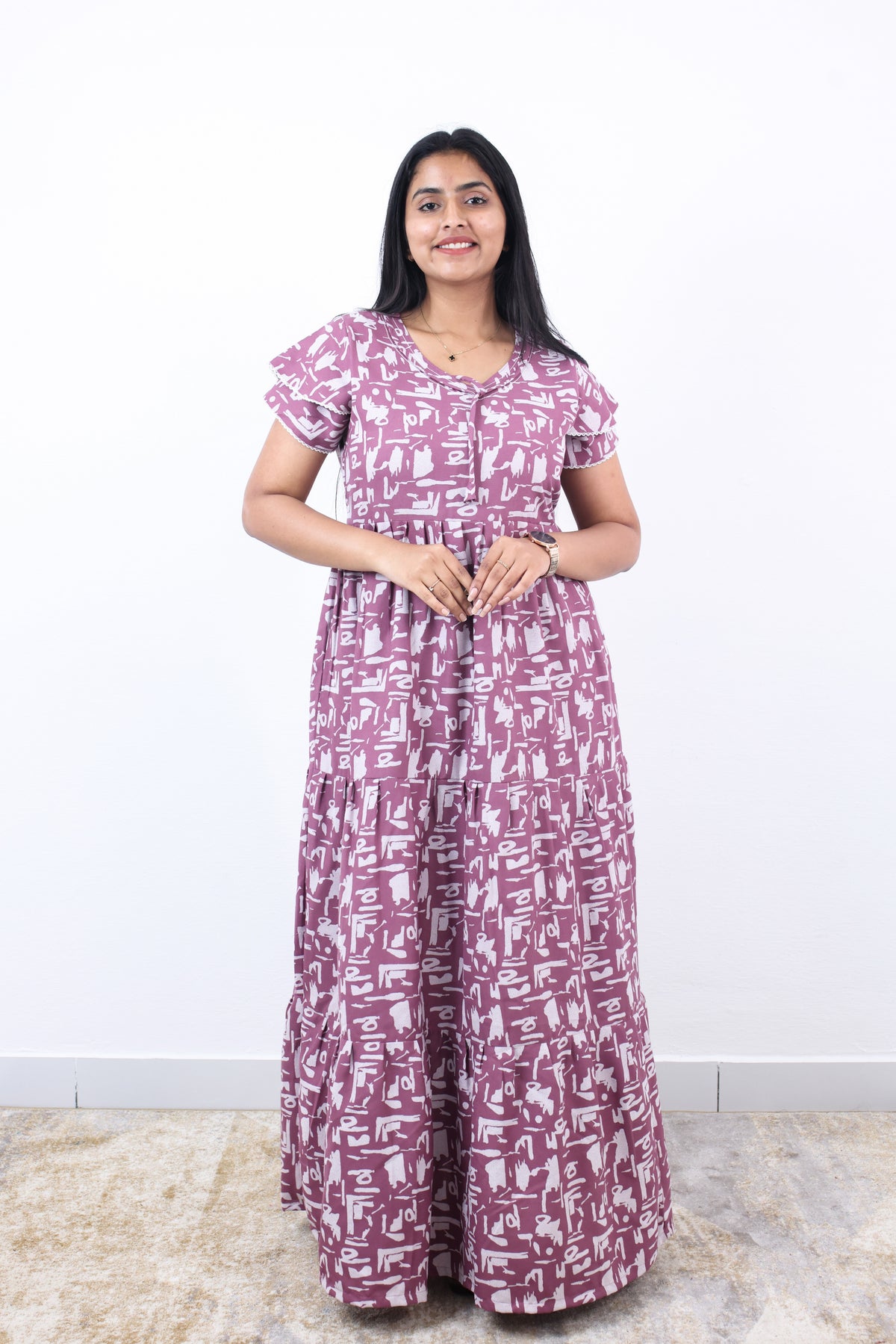 Stylish Alpine 3 Layer Frock Model Nighties| Fancy Sleeves & Neck Pattern| Side Pocket with Back Tie Rope | Perfect Nightwear Trendy Women's (AFK)