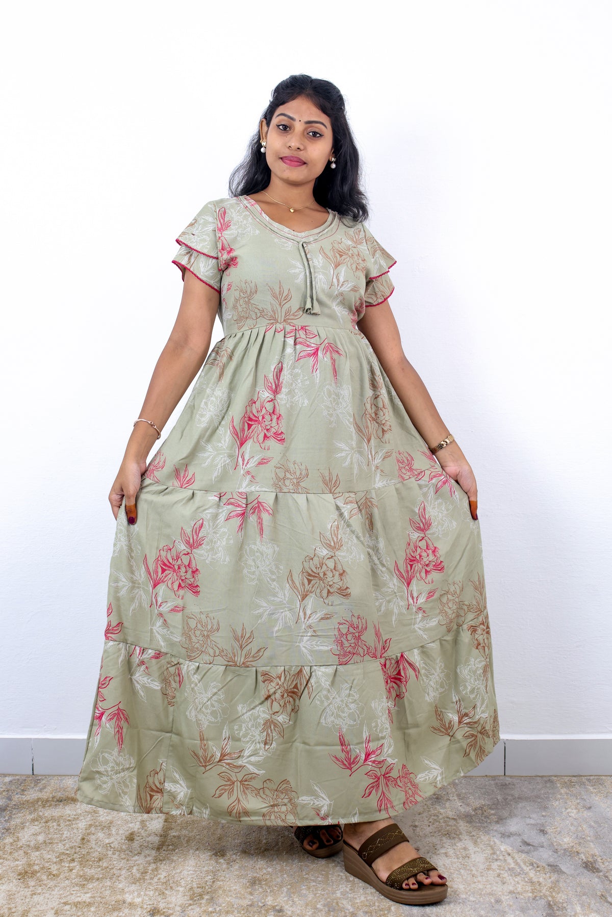 Stylish Alpine 3 Layer Frock Model Nighties| Fancy Sleeves & Neck Pattern| Side Pocket with Back Tie Rope | Perfect Nightwear Trendy Women's (AFK)