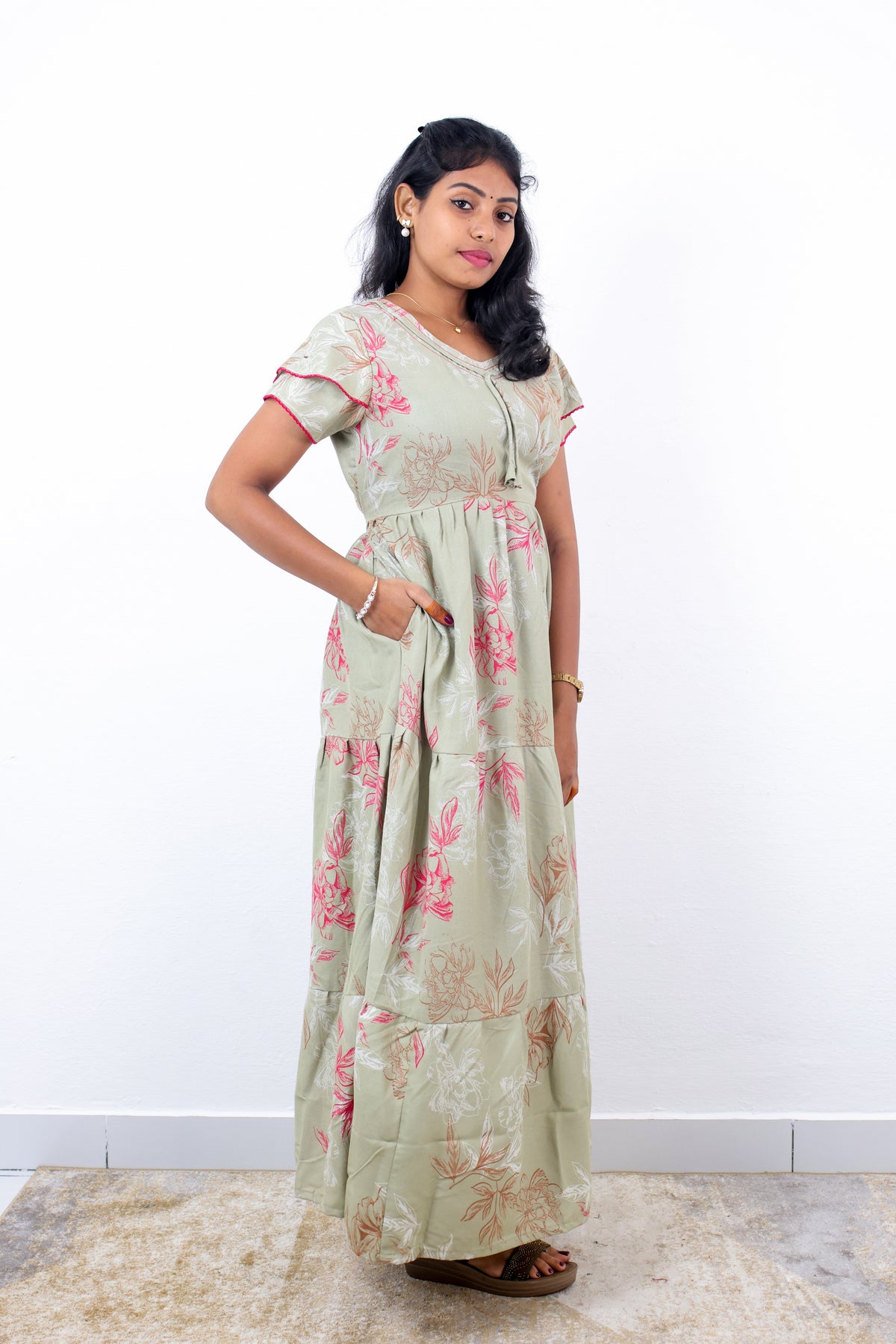 Stylish Alpine 3 Layer Frock Model Nighties| Fancy Sleeves & Neck Pattern| Side Pocket with Back Tie Rope | Perfect Nightwear Trendy Women's (AFK)