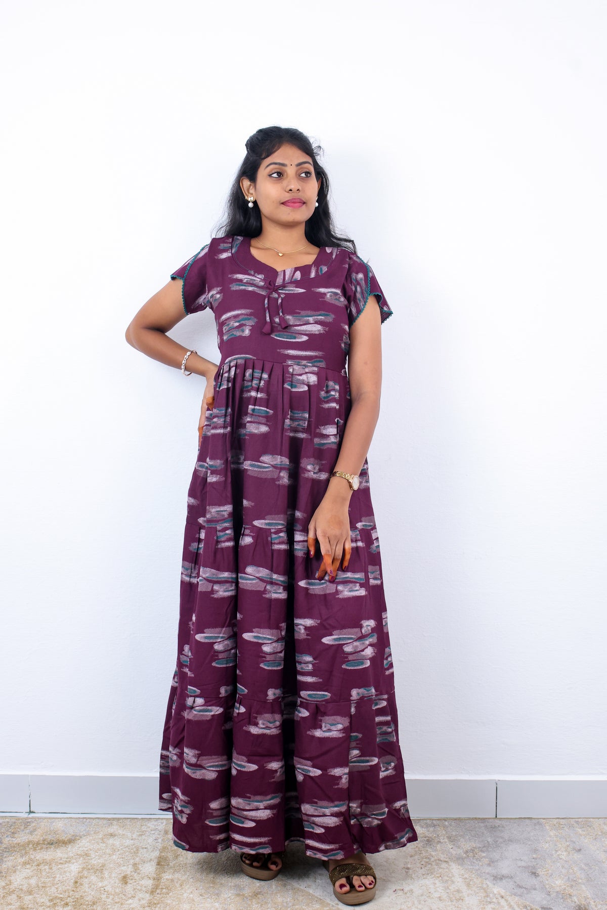 Stylish Alpine 3 Layer Frock Model Nighties| Fancy Sleeves & Neck Pattern| Side Pocket with Back Tie Rope | Perfect Nightwear Trendy Women's (AFK)