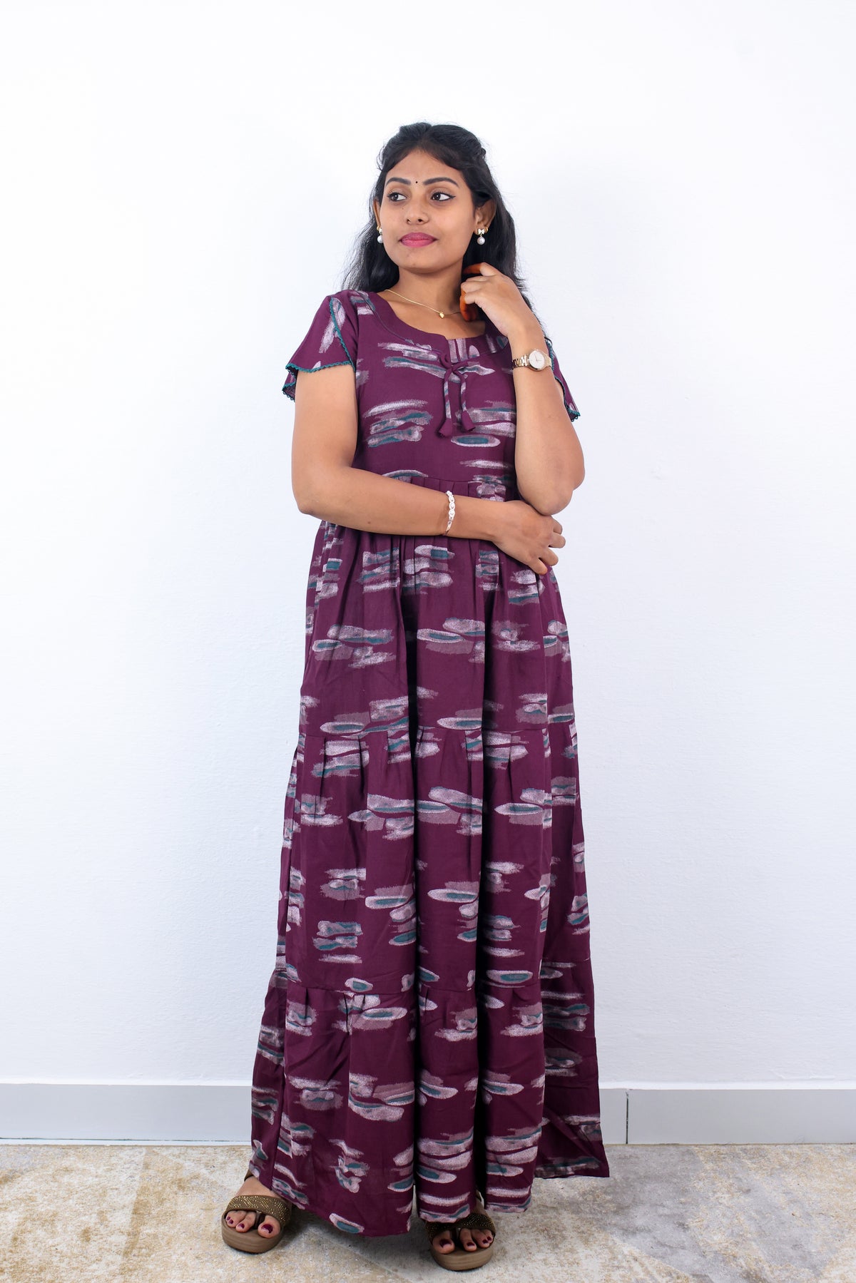 Stylish Alpine 3 Layer Frock Model Nighties| Fancy Sleeves & Neck Pattern| Side Pocket with Back Tie Rope | Perfect Nightwear Trendy Women's (AFK)