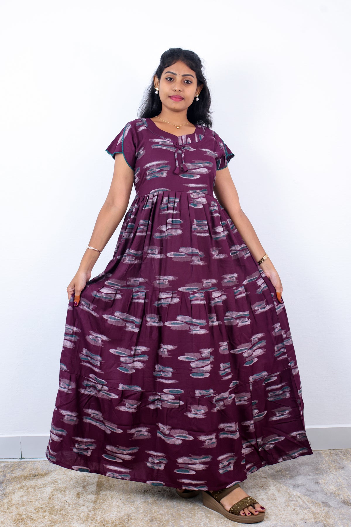 Stylish Alpine 3 Layer Frock Model Nighties| Fancy Sleeves & Neck Pattern| Side Pocket with Back Tie Rope | Perfect Nightwear Trendy Women's (AFK)