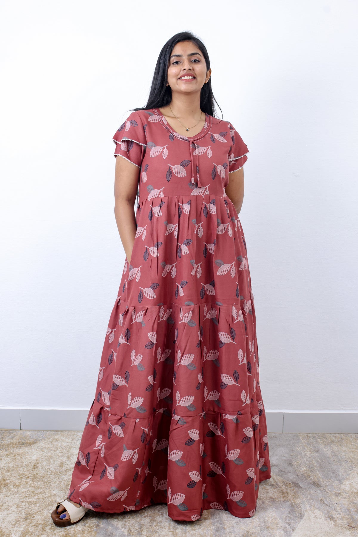 Stylish Alpine 3 Layer Frock Model Nighties| Fancy Sleeves & Neck Pattern| Side Pocket with Back Tie Rope | Perfect Nightwear Trendy Women's (AFK)