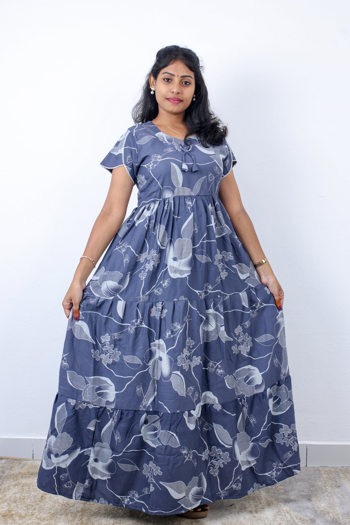 Stylish Alpine 3 Layer Frock Model Nighties| Fancy Sleeves & Neck Pattern| Side Pocket with Back Tie Rope | Perfect Nightwear Trendy Women's (AFK)