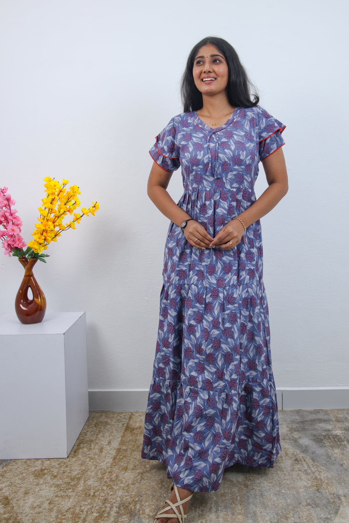 Stylish Alpine 3 Layer Frock Model Nighties| Fancy Sleeves & Neck Pattern| Side Pocket with Back Tie Rope | Perfect Nightwear Trendy Women's (AFK)