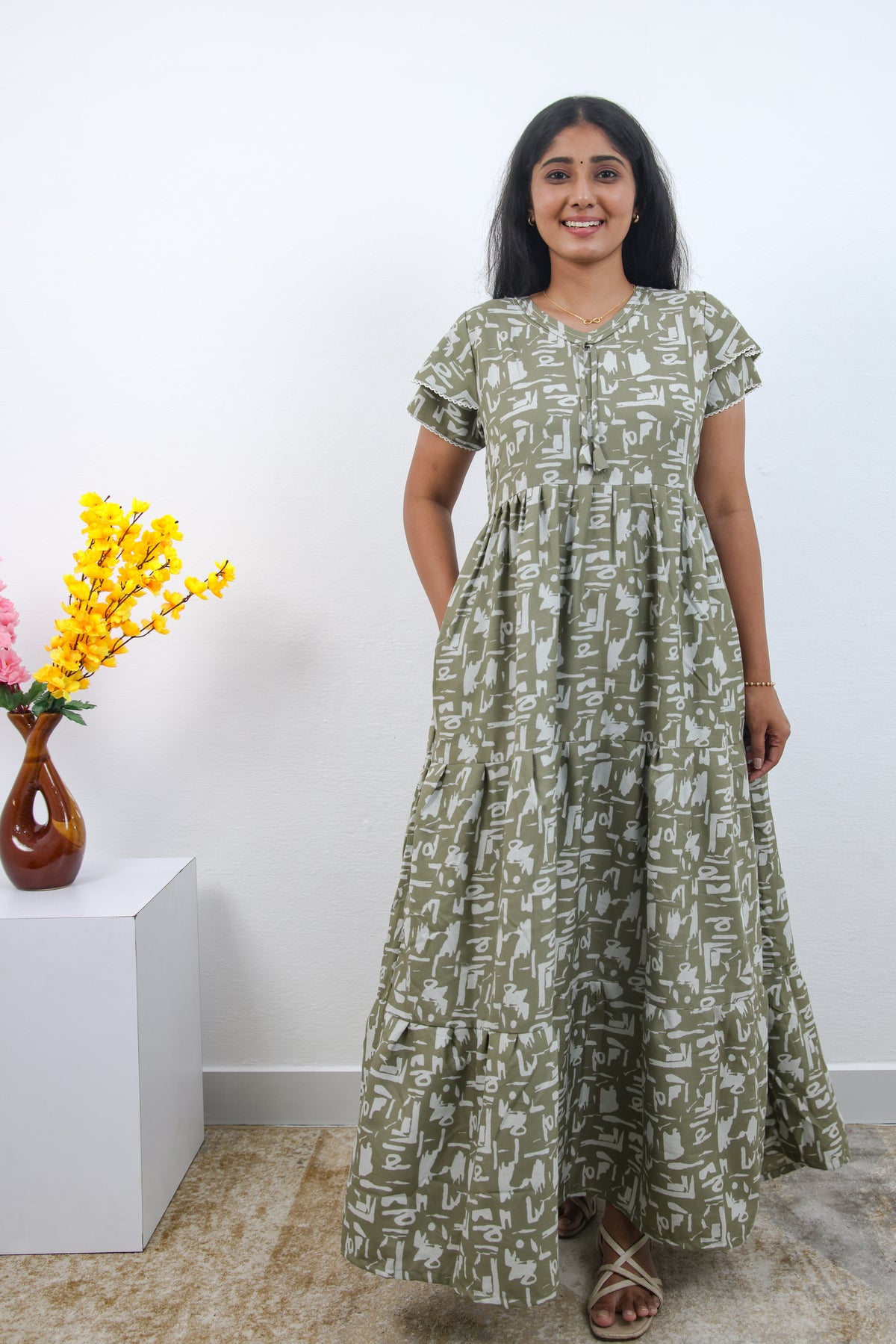 Stylish Alpine 3 Layer Frock Model Nighties| Fancy Sleeves & Neck Pattern| Side Pocket with Back Tie Rope | Perfect Nightwear Trendy Women's (AFK)