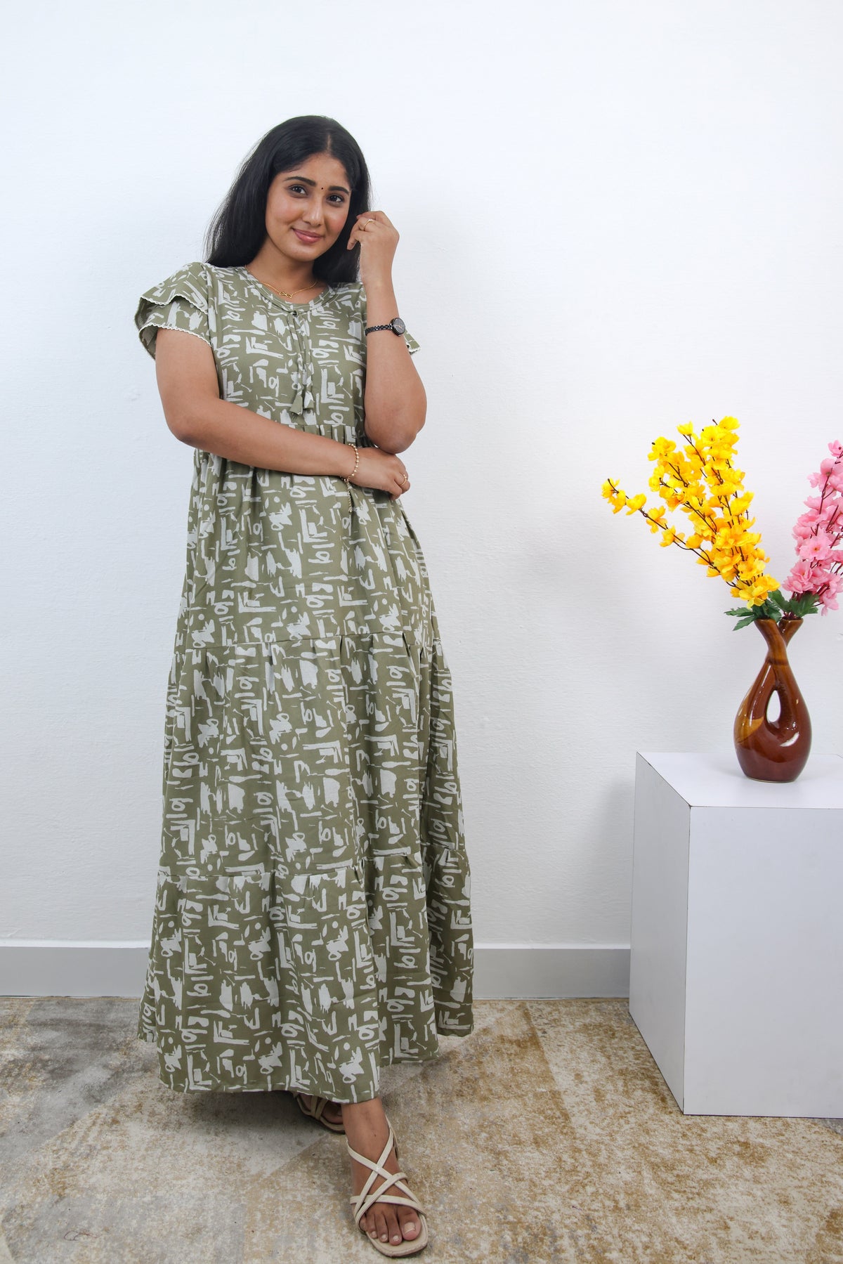 Stylish Alpine 3 Layer Frock Model Nighties| Fancy Sleeves & Neck Pattern| Side Pocket with Back Tie Rope | Perfect Nightwear Trendy Women's (AFK)