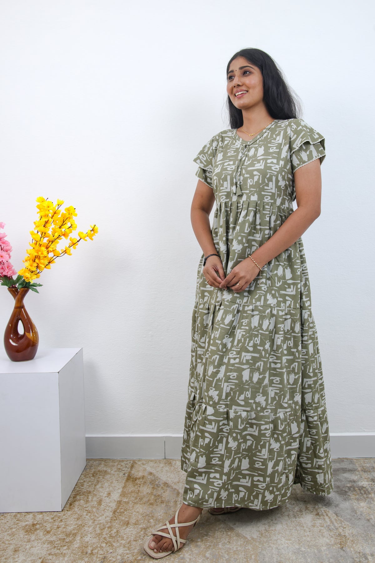 Stylish Alpine 3 Layer Frock Model Nighties| Fancy Sleeves & Neck Pattern| Side Pocket with Back Tie Rope | Perfect Nightwear Trendy Women's (AFK)