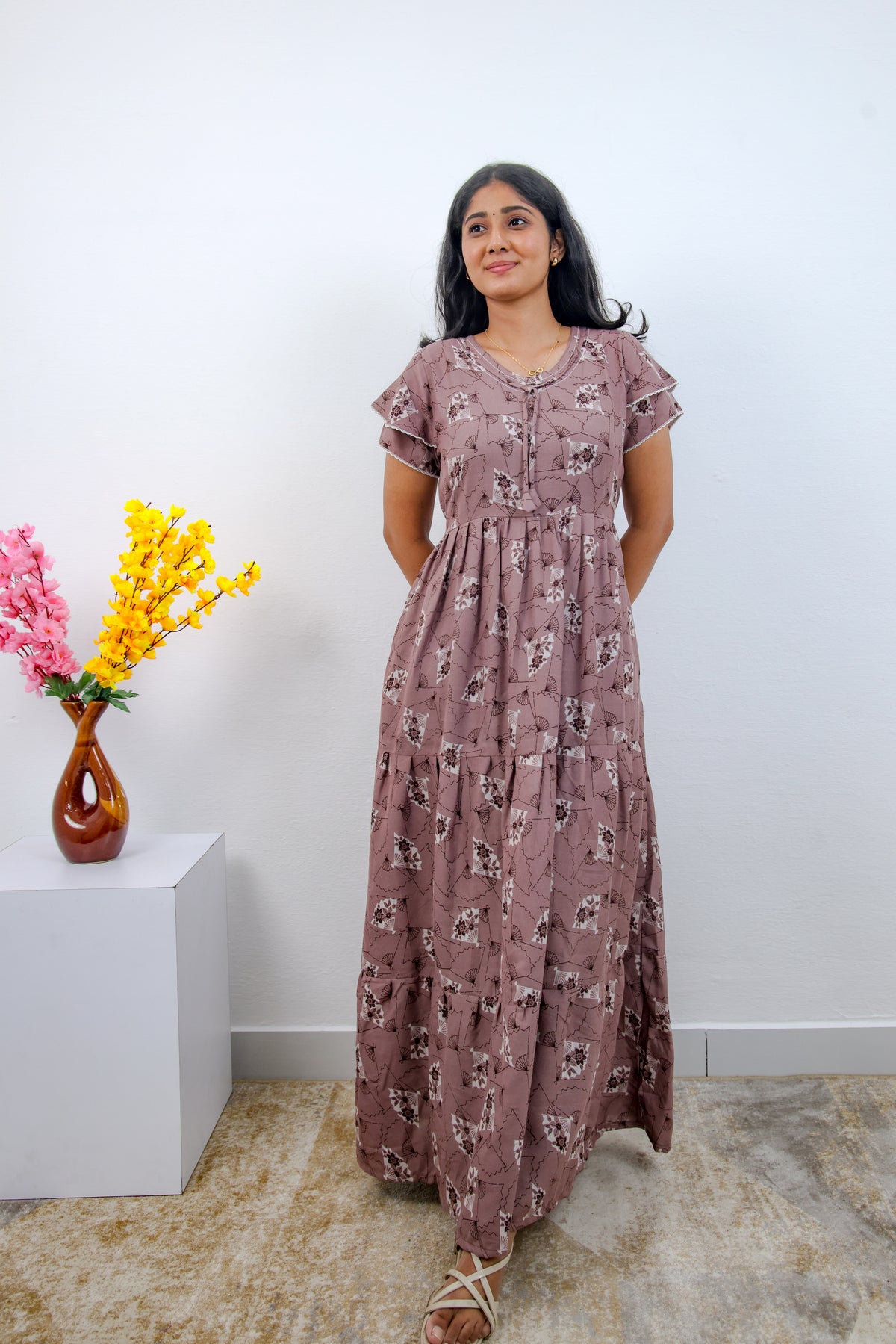 Stylish Alpine 3 Layer Frock Model Nighties| Fancy Sleeves & Neck Pattern| Side Pocket with Back Tie Rope | Perfect Nightwear Trendy Women's (AFK)