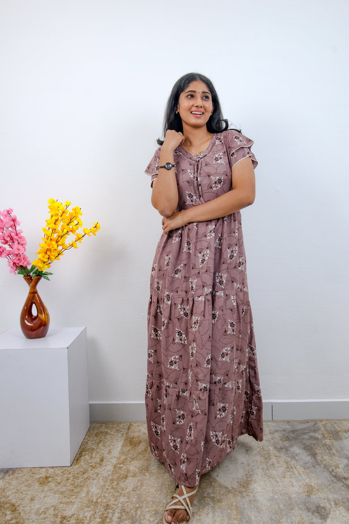 Stylish Alpine 3 Layer Frock Model Nighties| Fancy Sleeves & Neck Pattern| Side Pocket with Back Tie Rope | Perfect Nightwear Trendy Women's (AFK)